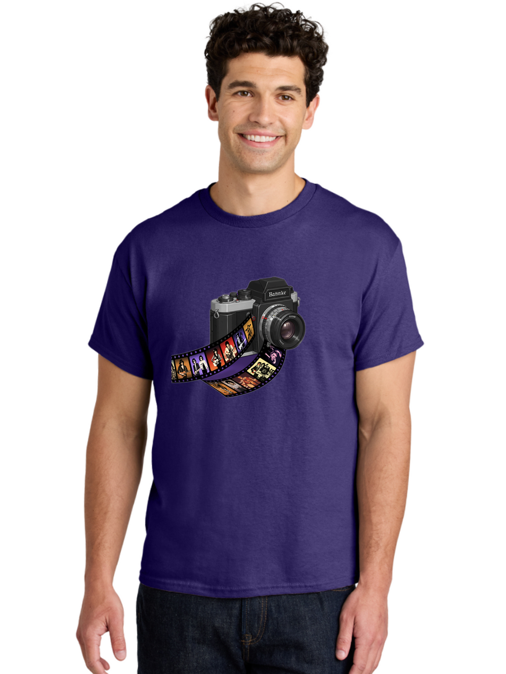 Bannke-Camera Men'S Graphic Tee, 100% Cotton, Comfortable Casual Summer Wear, Machine Washable, Vintage Camera, Film Strip, Photography, Bannke, Retro Style, Black And Silver, Lens, Camera Body, Film Reel, Photographers Bae357