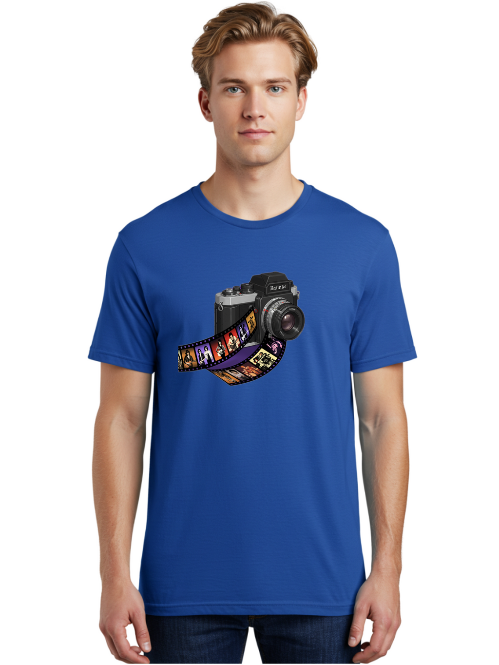 Bannke-Camera Men'S Graphic Tee, 100% Cotton, Comfortable Casual Summer Wear, Machine Washable, Vintage Camera, Film Strip, Photography, Bannke, Retro Style, Black And Silver, Lens, Camera Body, Film Reel, Photographers Bae357