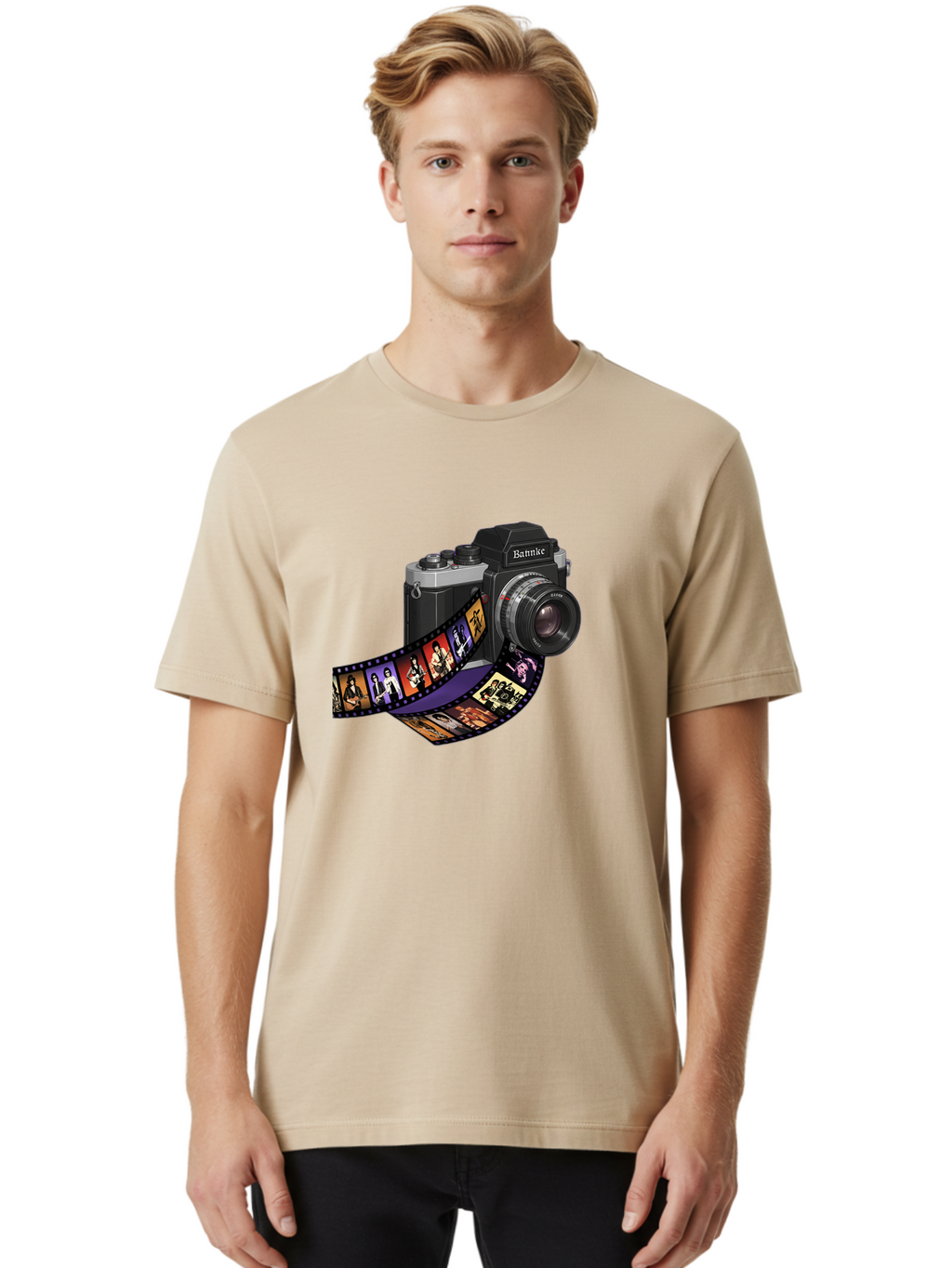 Bannke-Camera Men'S Graphic Tee, 100% Cotton, Comfortable Casual Summer Wear, Machine Washable, Vintage Camera, Film Strip, Photography, Bannke, Retro Style, Black And Silver, Lens, Camera Body, Film Reel, Photographers Bae357