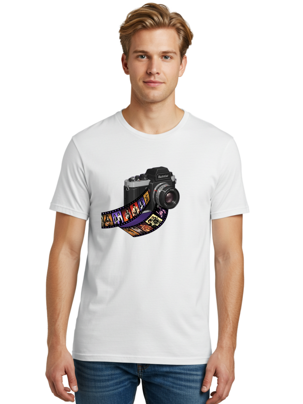 Bannke-Camera Men'S Graphic Tee, 100% Cotton, Comfortable Casual Summer Wear, Machine Washable, Vintage Camera, Film Strip, Photography, Bannke, Retro Style, Black And Silver, Lens, Camera Body, Film Reel, Photographers Bae357