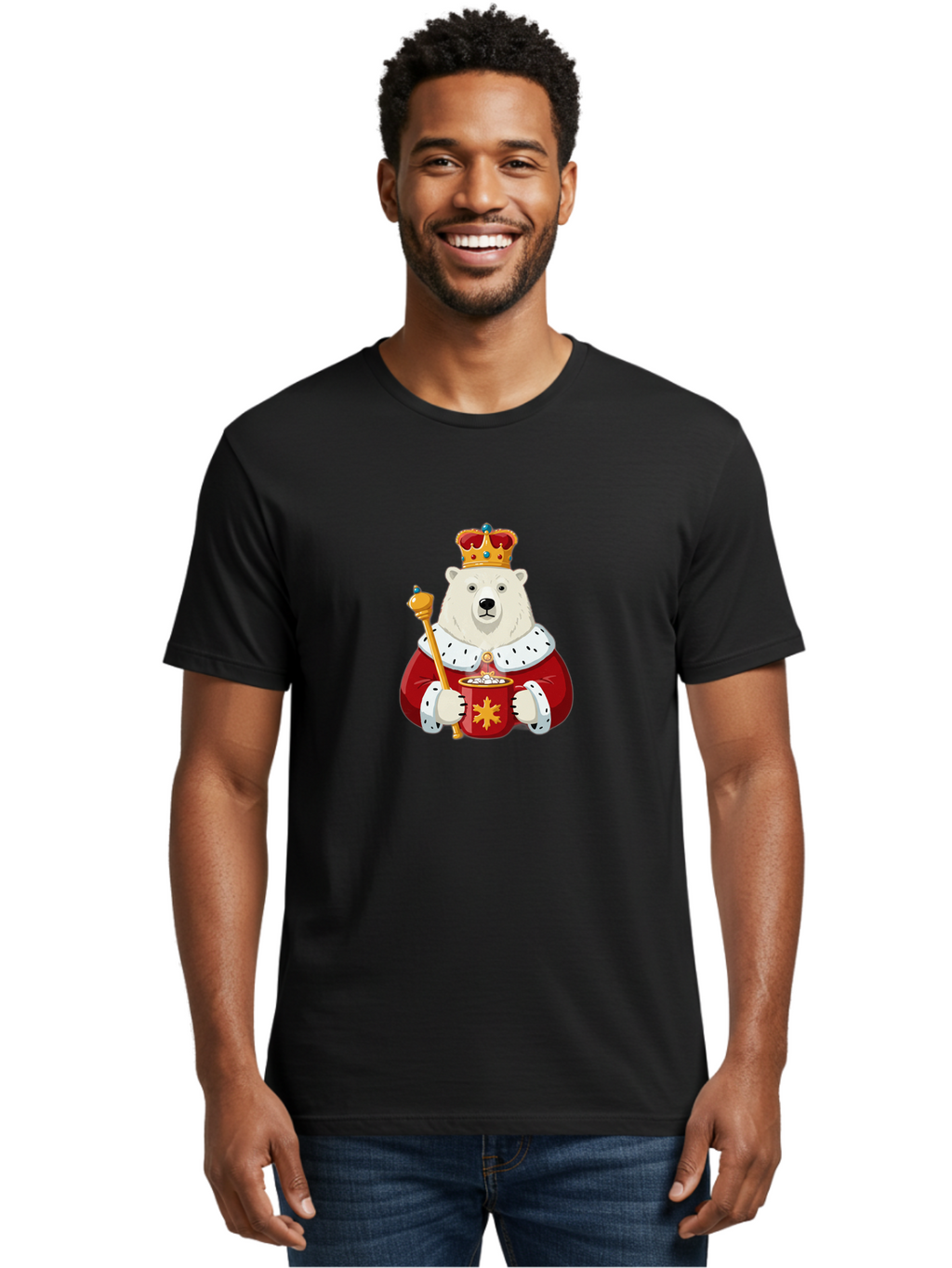 Bear-King Men'S Graphic Tee, 100% Cotton, Comfortable Casual Summer Wear, Machine Washable, Polar Bear Wearing Crown, Red Robe, White Fur, Sceptre In Paw, Ornate Collar, Monarch Attire, Regal Bear, Cartoon Style, Majestic Animal, Bae358