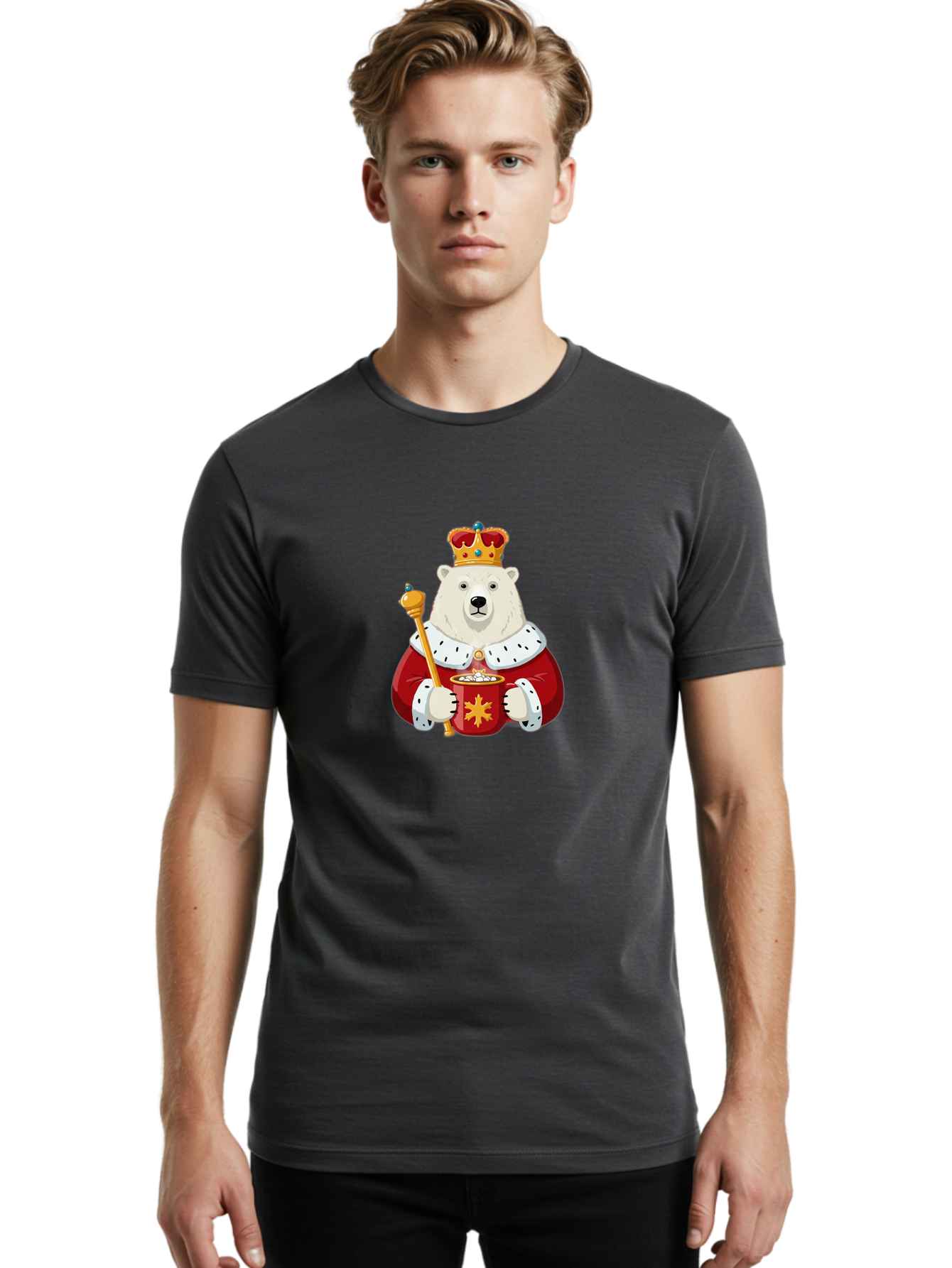 Bear-King Men'S Graphic Tee, 100% Cotton, Comfortable Casual Summer Wear, Machine Washable, Polar Bear Wearing Crown, Red Robe, White Fur, Sceptre In Paw, Ornate Collar, Monarch Attire, Regal Bear, Cartoon Style, Majestic Animal, Bae358