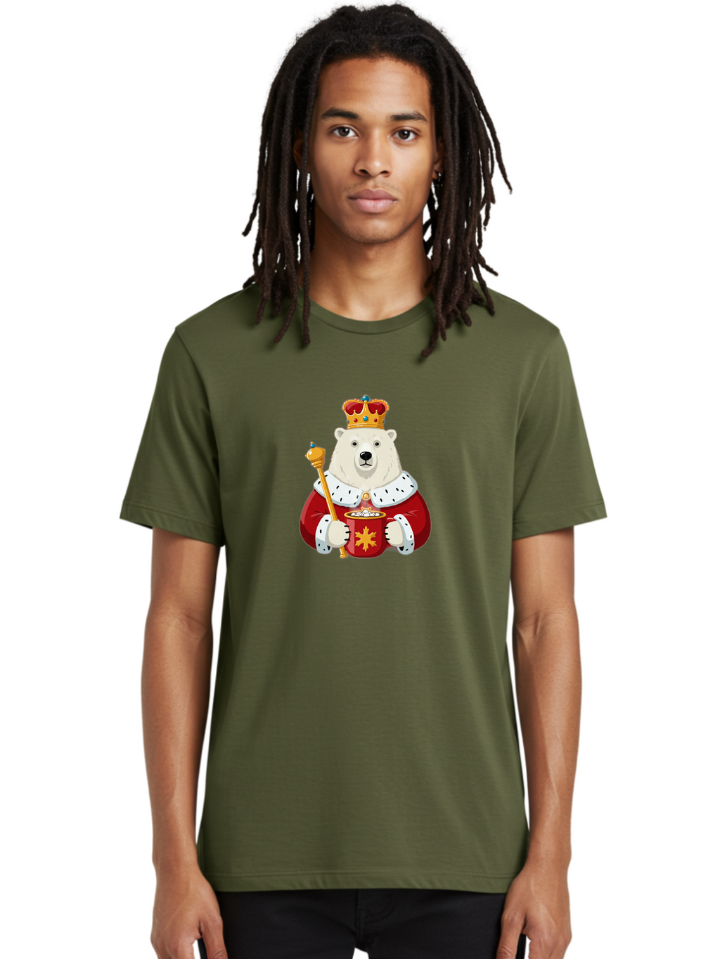 Bear-King Men'S Graphic Tee, 100% Cotton, Comfortable Casual Summer Wear, Machine Washable, Polar Bear Wearing Crown, Red Robe, White Fur, Sceptre In Paw, Ornate Collar, Monarch Attire, Regal Bear, Cartoon Style, Majestic Animal, Bae358