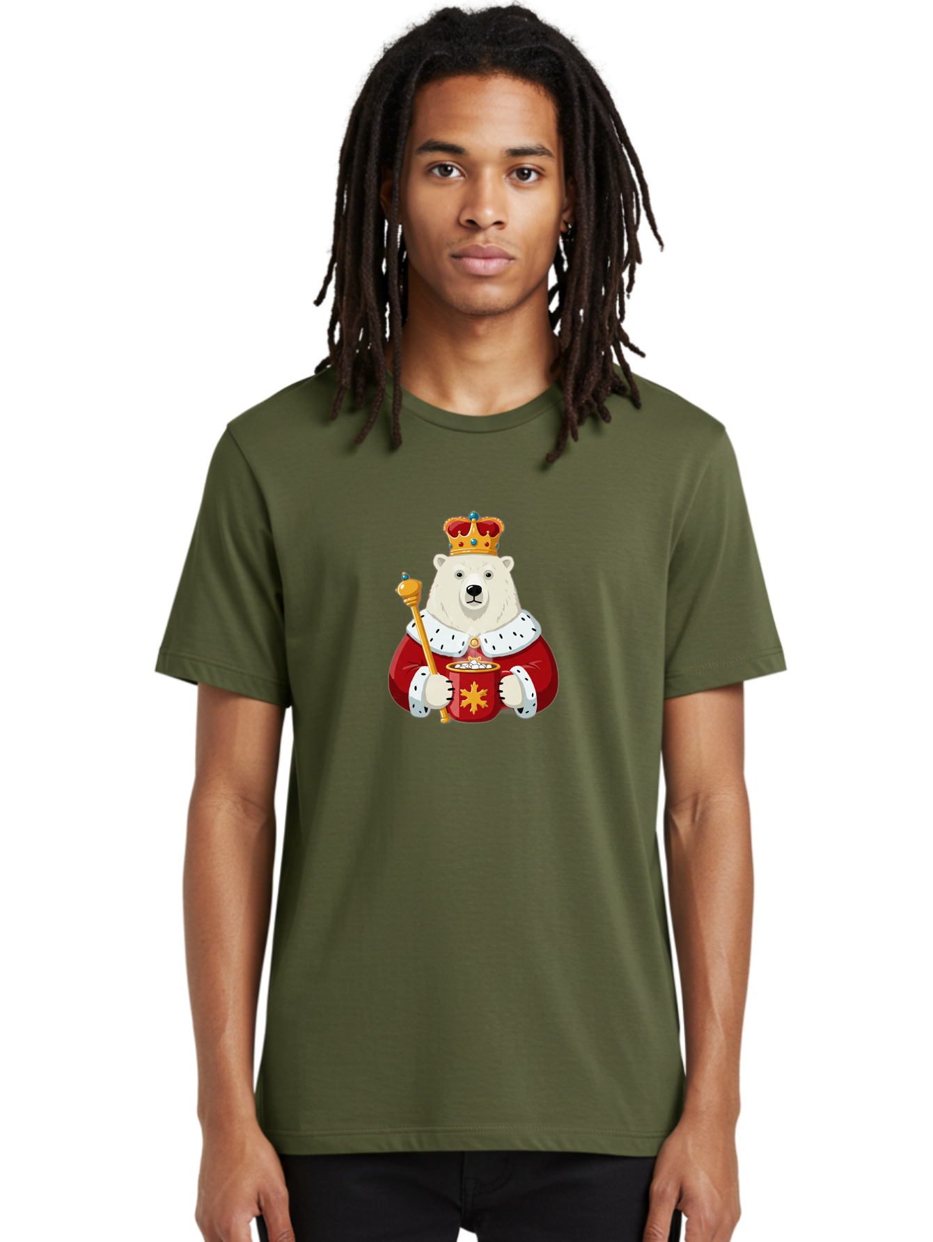Bear-King Men'S Graphic Tee, 100% Cotton, Comfortable Casual Summer Wear, Machine Washable, Polar Bear Wearing Crown, Red Robe, White Fur, Sceptre In Paw, Ornate Collar, Monarch Attire, Regal Bear, Cartoon Style, Majestic Animal, Bae358