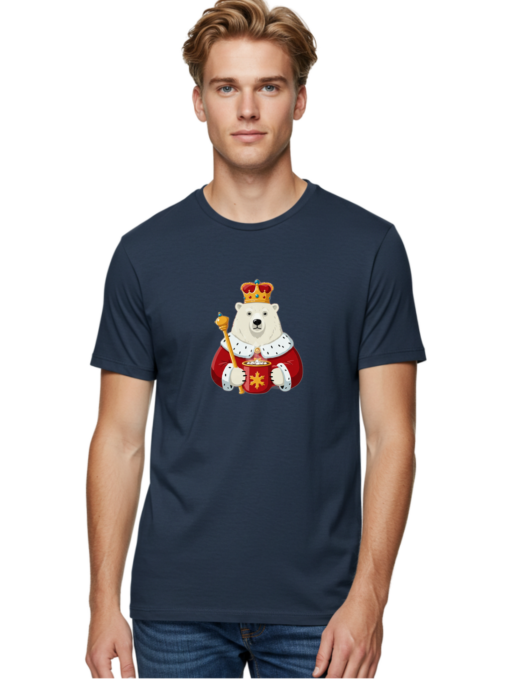 Bear-King Men'S Graphic Tee, 100% Cotton, Comfortable Casual Summer Wear, Machine Washable, Polar Bear Wearing Crown, Red Robe, White Fur, Sceptre In Paw, Ornate Collar, Monarch Attire, Regal Bear, Cartoon Style, Majestic Animal, Bae358
