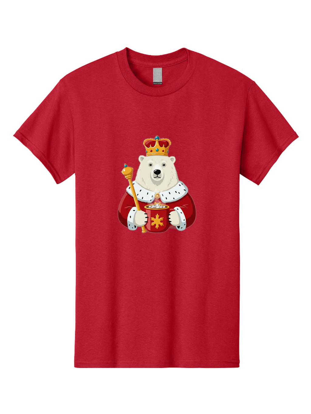 Bear-King Men'S Graphic Tee, 100% Cotton, Comfortable Casual Summer Wear, Machine Washable, Polar Bear Wearing Crown, Red Robe, White Fur, Sceptre In Paw, Ornate Collar, Monarch Attire, Regal Bear, Cartoon Style, Majestic Animal, Bae358