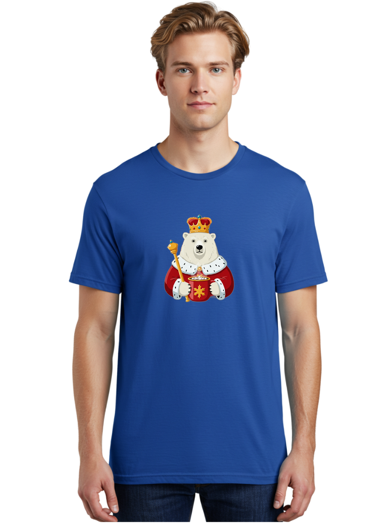 Bear-King Men'S Graphic Tee, 100% Cotton, Comfortable Casual Summer Wear, Machine Washable, Polar Bear Wearing Crown, Red Robe, White Fur, Sceptre In Paw, Ornate Collar, Monarch Attire, Regal Bear, Cartoon Style, Majestic Animal, Bae358