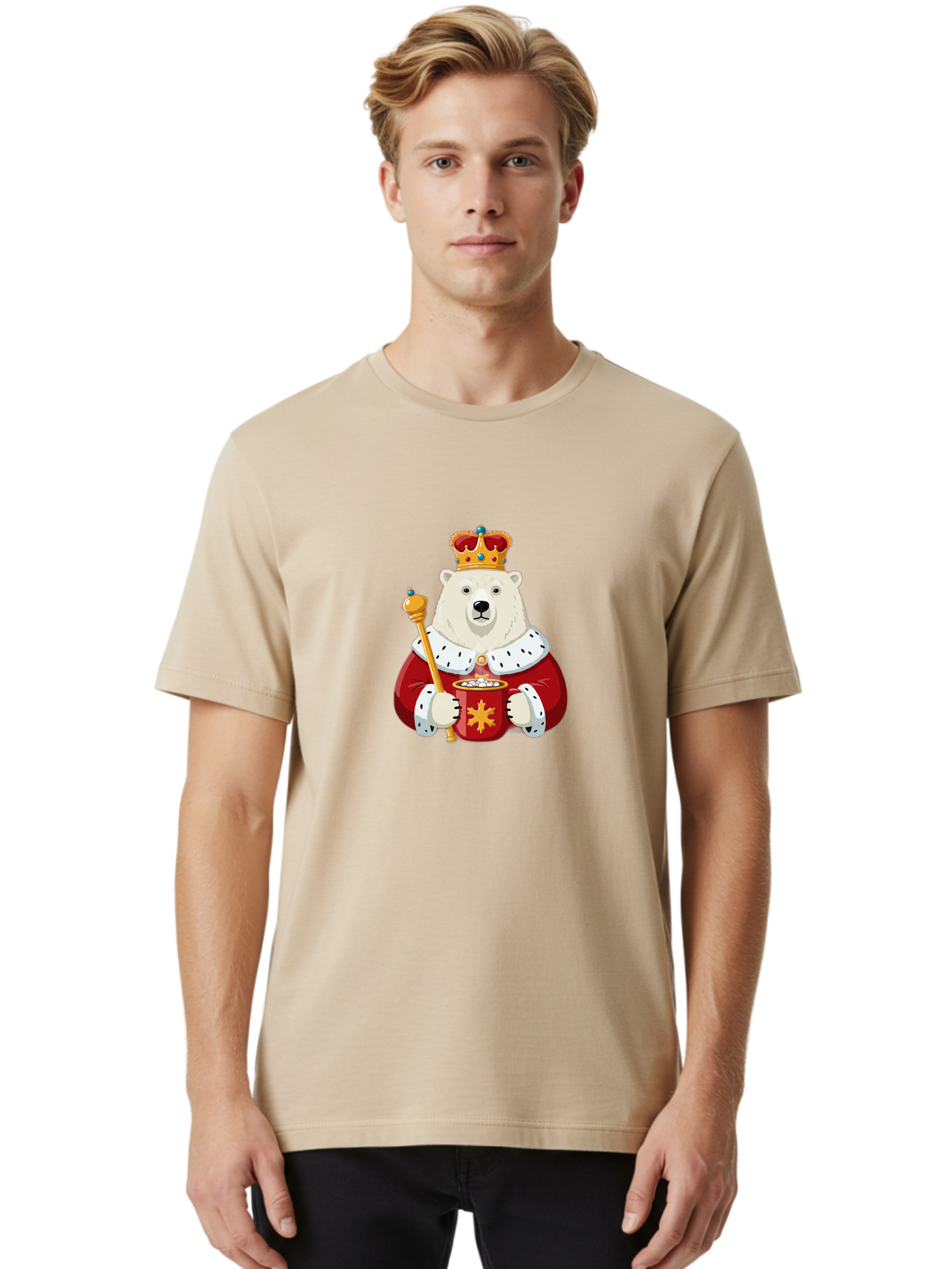 Bear-King Men'S Graphic Tee, 100% Cotton, Comfortable Casual Summer Wear, Machine Washable, Polar Bear Wearing Crown, Red Robe, White Fur, Sceptre In Paw, Ornate Collar, Monarch Attire, Regal Bear, Cartoon Style, Majestic Animal, Bae358