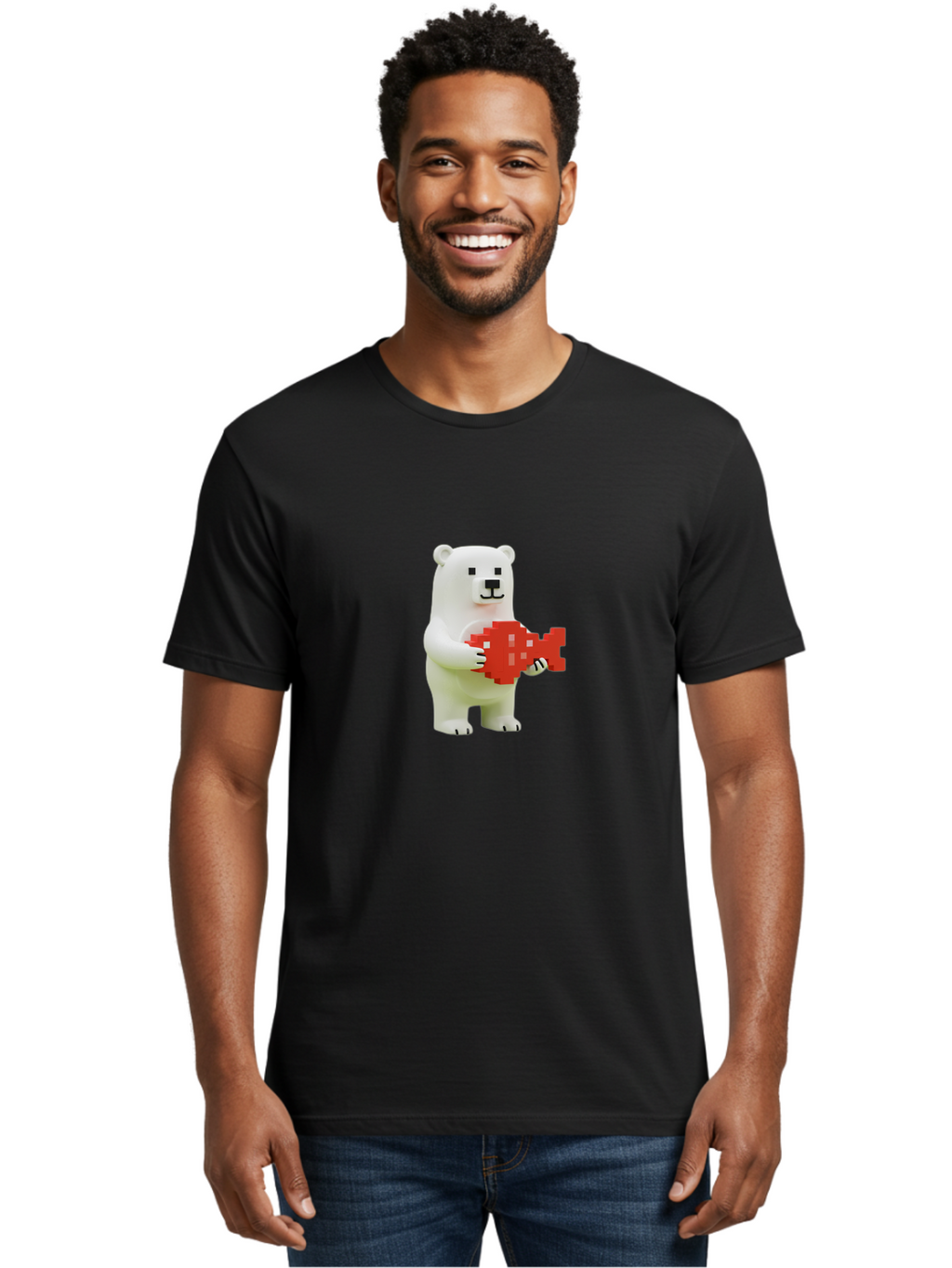 Bear-Pixel-Heart Men'S Graphic Tee, 100% Cotton, Comfortable Casual Summer Wear, Machine Washable, White Polar Bear Holding Red Pixel Heart, Cute Cartoon Character, Adorable Animal, Love Symbol, Pixel Art, Cute Figurine, 3D Illustration Bae359
