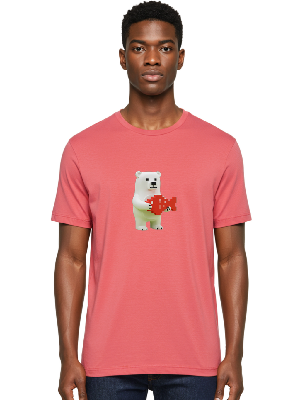 Bear-Pixel-Heart Men'S Graphic Tee, 100% Cotton, Comfortable Casual Summer Wear, Machine Washable, White Polar Bear Holding Red Pixel Heart, Cute Cartoon Character, Adorable Animal, Love Symbol, Pixel Art, Cute Figurine, 3D Illustration Bae359