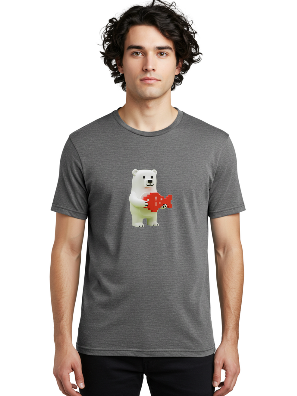 Bear-Pixel-Heart Men'S Graphic Tee, 100% Cotton, Comfortable Casual Summer Wear, Machine Washable, White Polar Bear Holding Red Pixel Heart, Cute Cartoon Character, Adorable Animal, Love Symbol, Pixel Art, Cute Figurine, 3D Illustration Bae359
