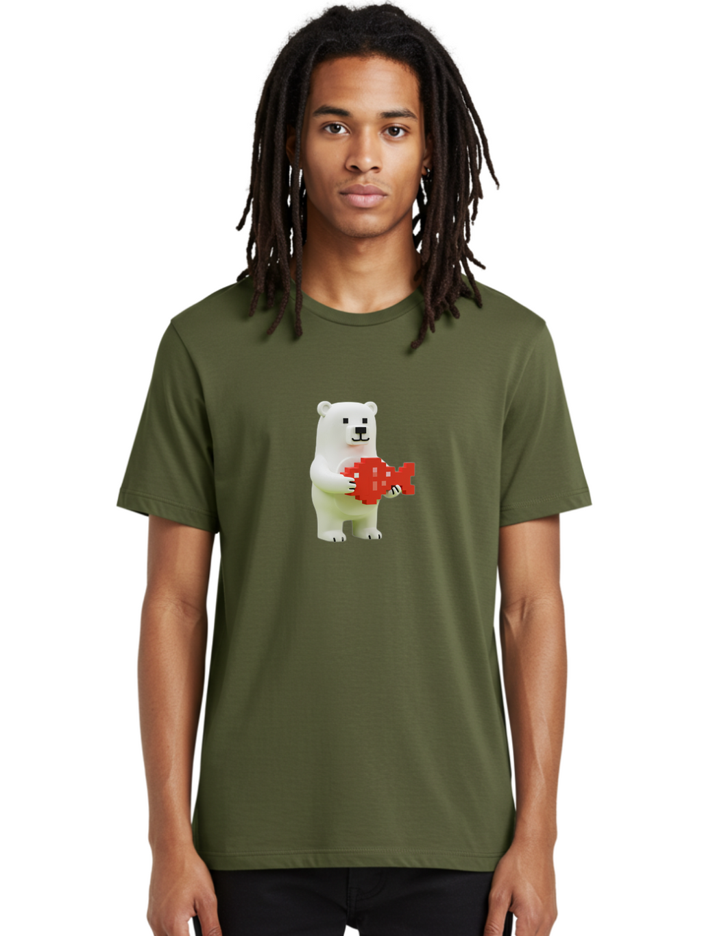 Bear-Pixel-Heart Men'S Graphic Tee, 100% Cotton, Comfortable Casual Summer Wear, Machine Washable, White Polar Bear Holding Red Pixel Heart, Cute Cartoon Character, Adorable Animal, Love Symbol, Pixel Art, Cute Figurine, 3D Illustration Bae359