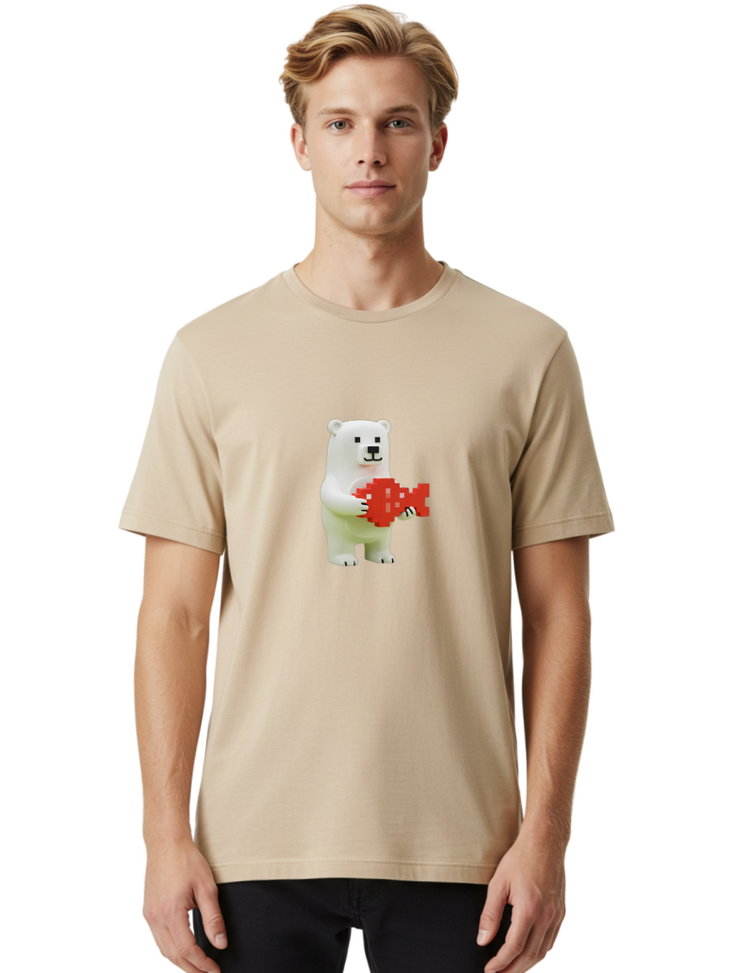 Bear-Pixel-Heart Men'S Graphic Tee, 100% Cotton, Comfortable Casual Summer Wear, Machine Washable, White Polar Bear Holding Red Pixel Heart, Cute Cartoon Character, Adorable Animal, Love Symbol, Pixel Art, Cute Figurine, 3D Illustration Bae359