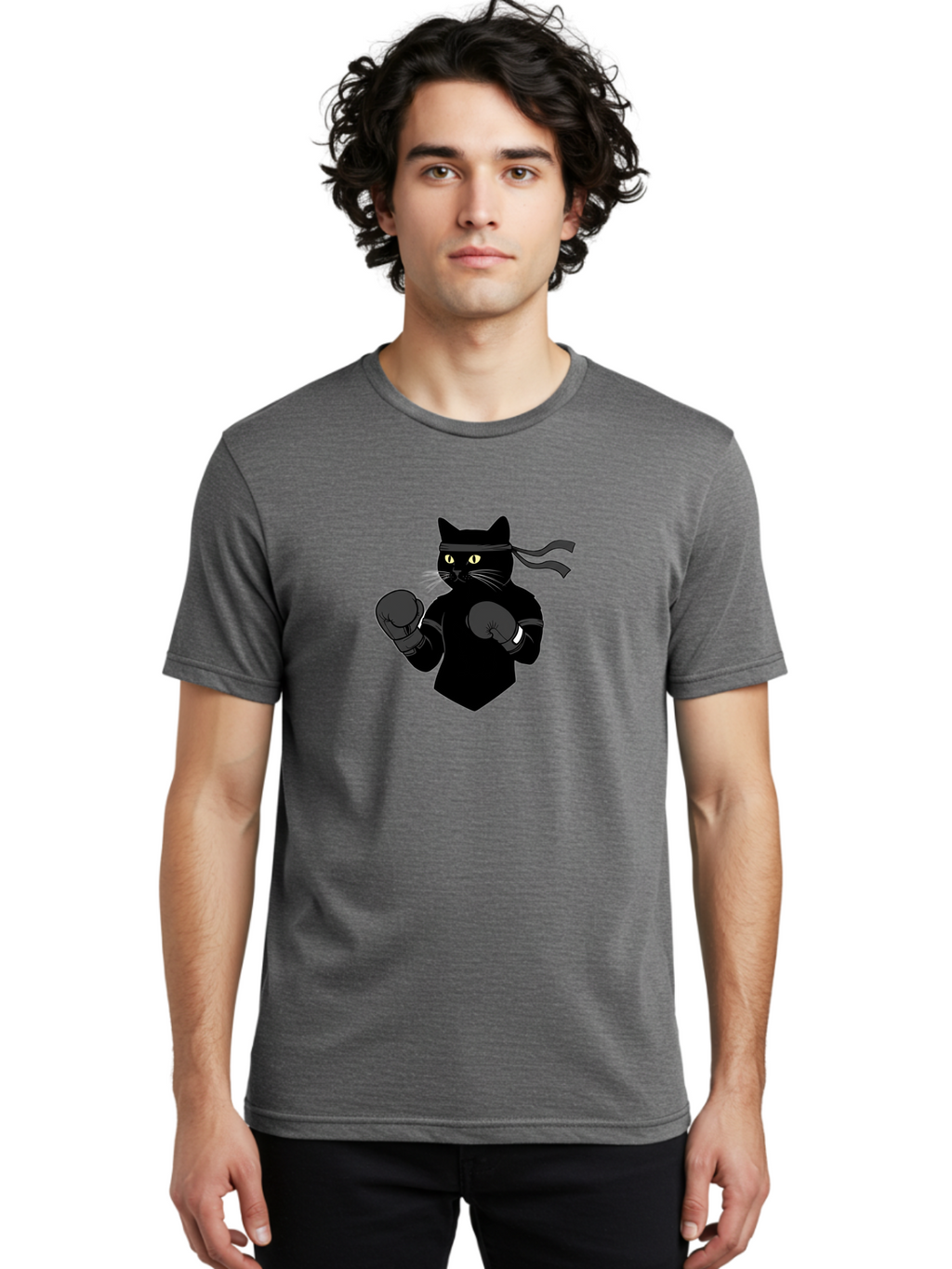 Black-Cat-Ninja-Boxing Men'S Graphic Tee, 100% Cotton, Comfortable Casual Summer Wear, Machine Washable, Ninja Cat, Black Cat, Boxing Gloves, Martial Arts, Ninja Costume, Cartoon Character, Fighting Stance, Funny Animal, Ninja Mask, Cute Cat Bae360