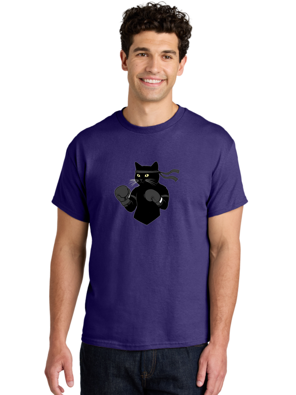 Black-Cat-Ninja-Boxing Men'S Graphic Tee, 100% Cotton, Comfortable Casual Summer Wear, Machine Washable, Ninja Cat, Black Cat, Boxing Gloves, Martial Arts, Ninja Costume, Cartoon Character, Fighting Stance, Funny Animal, Ninja Mask, Cute Cat Bae360