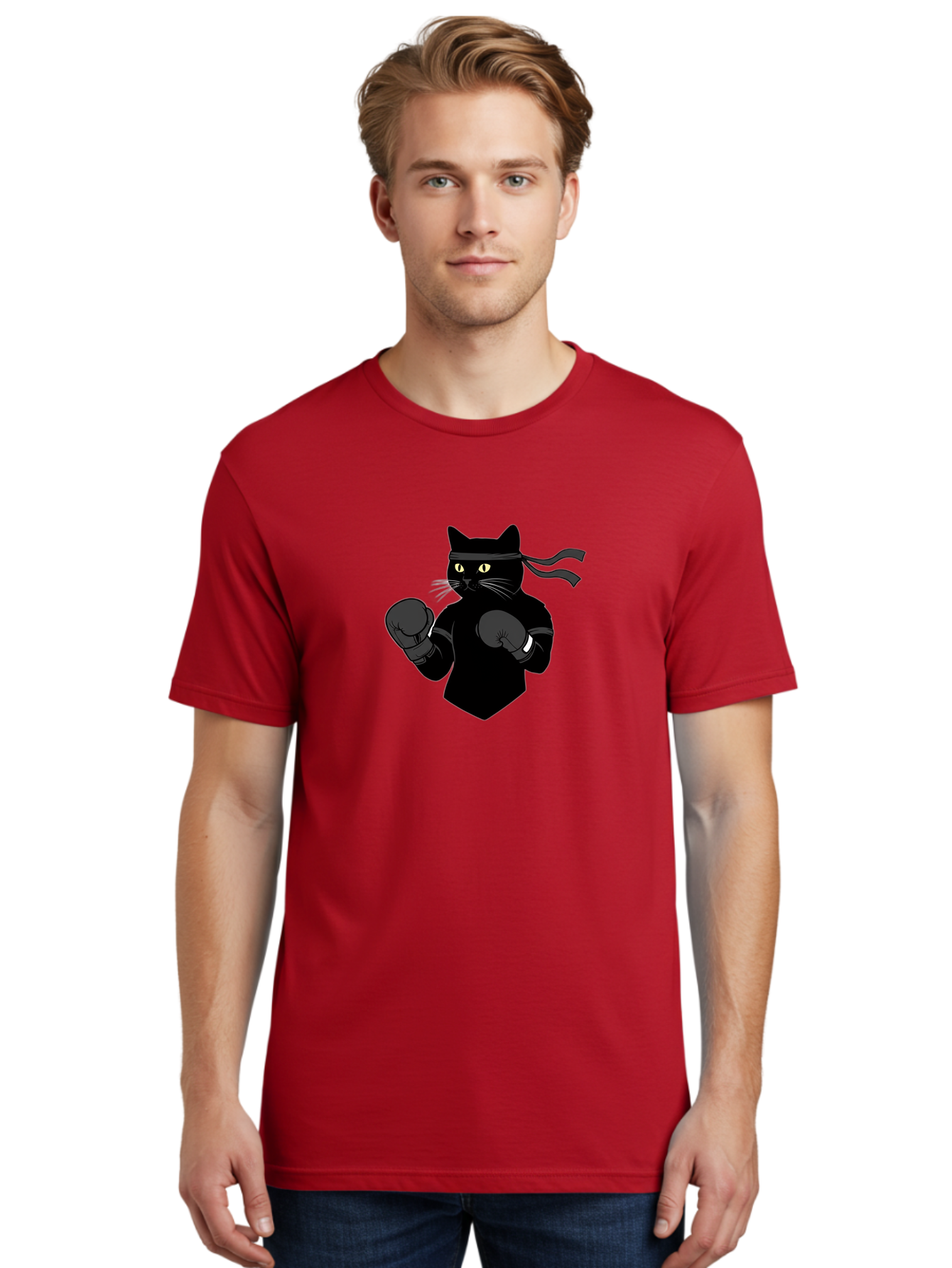 Black-Cat-Ninja-Boxing Men'S Graphic Tee, 100% Cotton, Comfortable Casual Summer Wear, Machine Washable, Ninja Cat, Black Cat, Boxing Gloves, Martial Arts, Ninja Costume, Cartoon Character, Fighting Stance, Funny Animal, Ninja Mask, Cute Cat Bae360