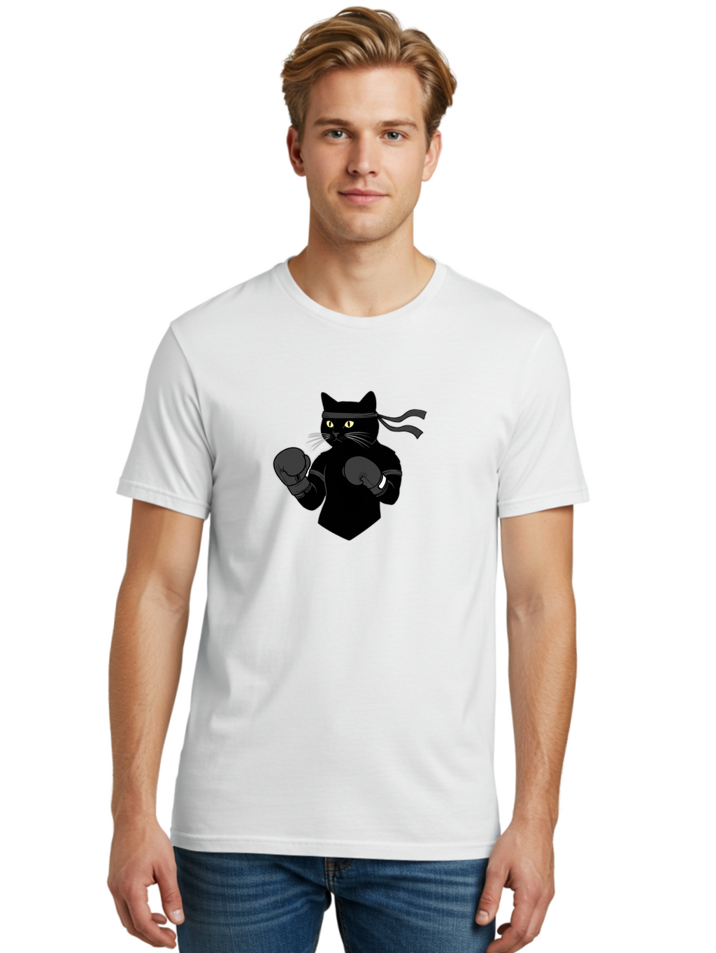 Black-Cat-Ninja-Boxing Men'S Graphic Tee, 100% Cotton, Comfortable Casual Summer Wear, Machine Washable, Ninja Cat, Black Cat, Boxing Gloves, Martial Arts, Ninja Costume, Cartoon Character, Fighting Stance, Funny Animal, Ninja Mask, Cute Cat Bae360