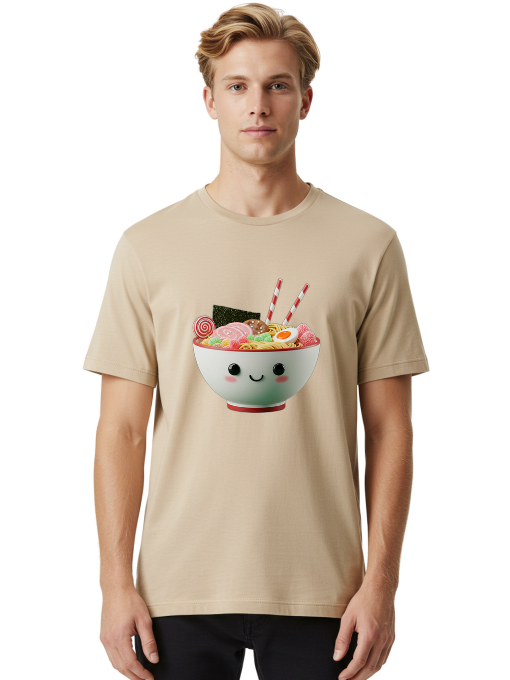 Bowl-Of-Ramen Men'S Graphic Tee, 100% Cotton, Comfortable Casual Summer Wear, Machine Washable, Kawaii Ramen Bowl, Cartoon Noodles, Cute Japanese Food, Happy Meal, Animated Bowl, Kawaii Culture, Japanese Cuisine, Ramen Love, Foodie Art, Bae362