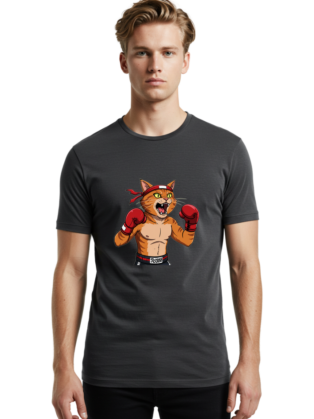 Boxing-Cat-1 Men'S Graphic Tee, 100% Cotton, Comfortable Casual Summer Wear, Machine Washable, Cartoon Cat, Goku, Boxing Gloves, Red Bandana, Muscular Physique, Confident Expression, Anime Style, Fighting Stance, Warrior Pose, Martial Arts, Bae363