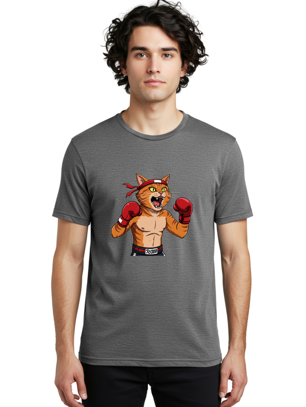 Boxing-Cat-1 Men'S Graphic Tee, 100% Cotton, Comfortable Casual Summer Wear, Machine Washable, Cartoon Cat, Goku, Boxing Gloves, Red Bandana, Muscular Physique, Confident Expression, Anime Style, Fighting Stance, Warrior Pose, Martial Arts, Bae363