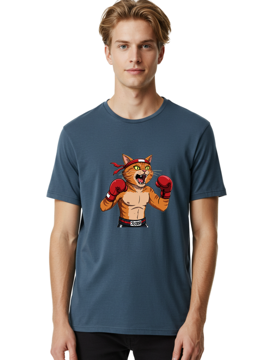 Boxing-Cat-1 Men'S Graphic Tee, 100% Cotton, Comfortable Casual Summer Wear, Machine Washable, Cartoon Cat, Goku, Boxing Gloves, Red Bandana, Muscular Physique, Confident Expression, Anime Style, Fighting Stance, Warrior Pose, Martial Arts, Bae363