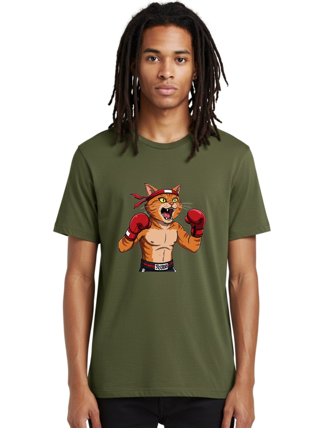 Boxing-Cat-1 Men'S Graphic Tee, 100% Cotton, Comfortable Casual Summer Wear, Machine Washable, Cartoon Cat, Goku, Boxing Gloves, Red Bandana, Muscular Physique, Confident Expression, Anime Style, Fighting Stance, Warrior Pose, Martial Arts, Bae363
