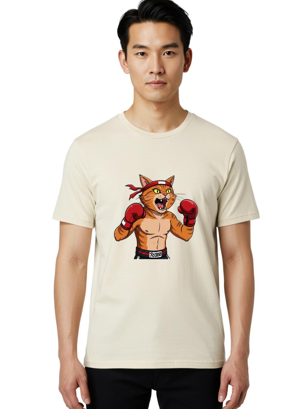 Boxing-Cat-1 Men'S Graphic Tee, 100% Cotton, Comfortable Casual Summer Wear, Machine Washable, Cartoon Cat, Goku, Boxing Gloves, Red Bandana, Muscular Physique, Confident Expression, Anime Style, Fighting Stance, Warrior Pose, Martial Arts, Bae363
