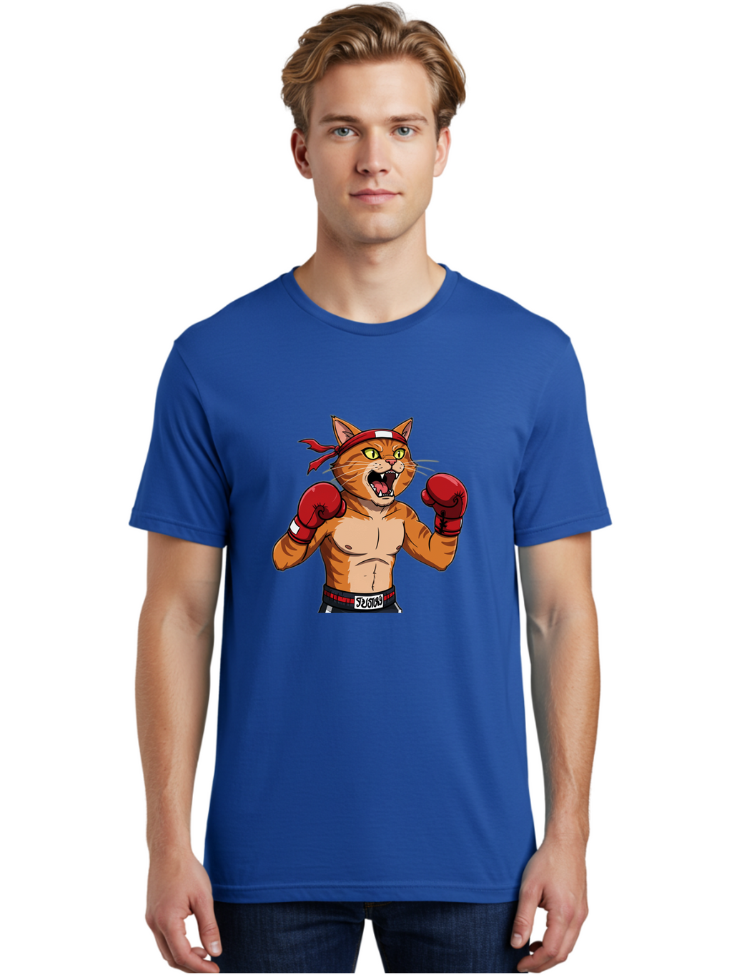 Boxing-Cat-1 Men'S Graphic Tee, 100% Cotton, Comfortable Casual Summer Wear, Machine Washable, Cartoon Cat, Goku, Boxing Gloves, Red Bandana, Muscular Physique, Confident Expression, Anime Style, Fighting Stance, Warrior Pose, Martial Arts, Bae363