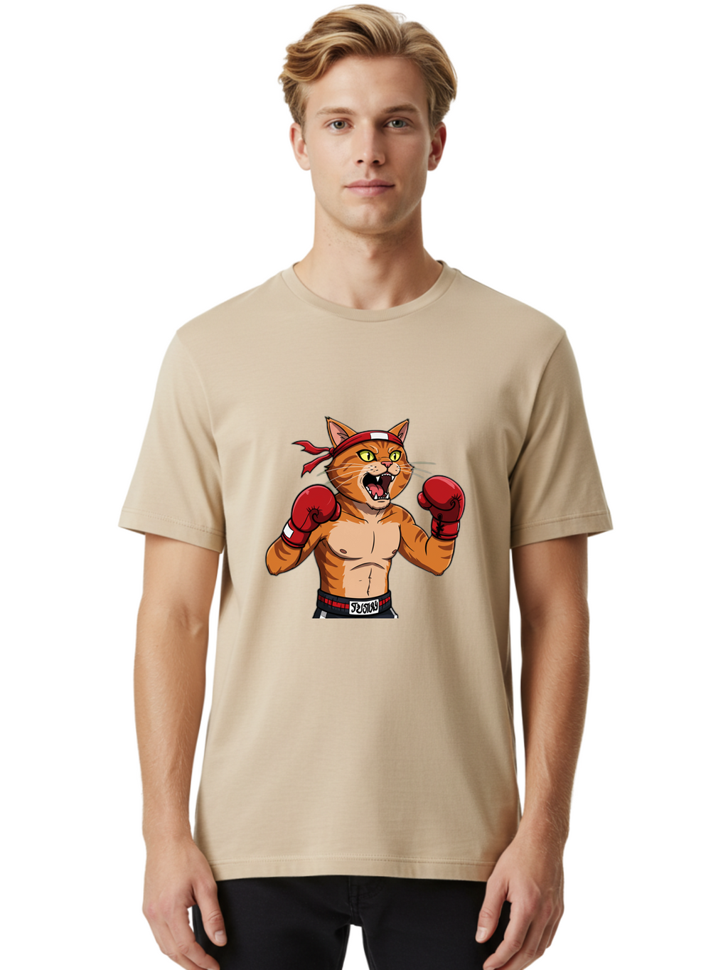 Boxing-Cat-1 Men'S Graphic Tee, 100% Cotton, Comfortable Casual Summer Wear, Machine Washable, Cartoon Cat, Goku, Boxing Gloves, Red Bandana, Muscular Physique, Confident Expression, Anime Style, Fighting Stance, Warrior Pose, Martial Arts, Bae363