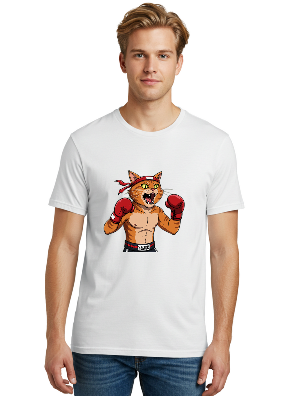 Boxing-Cat-1 Men'S Graphic Tee, 100% Cotton, Comfortable Casual Summer Wear, Machine Washable, Cartoon Cat, Goku, Boxing Gloves, Red Bandana, Muscular Physique, Confident Expression, Anime Style, Fighting Stance, Warrior Pose, Martial Arts, Bae363