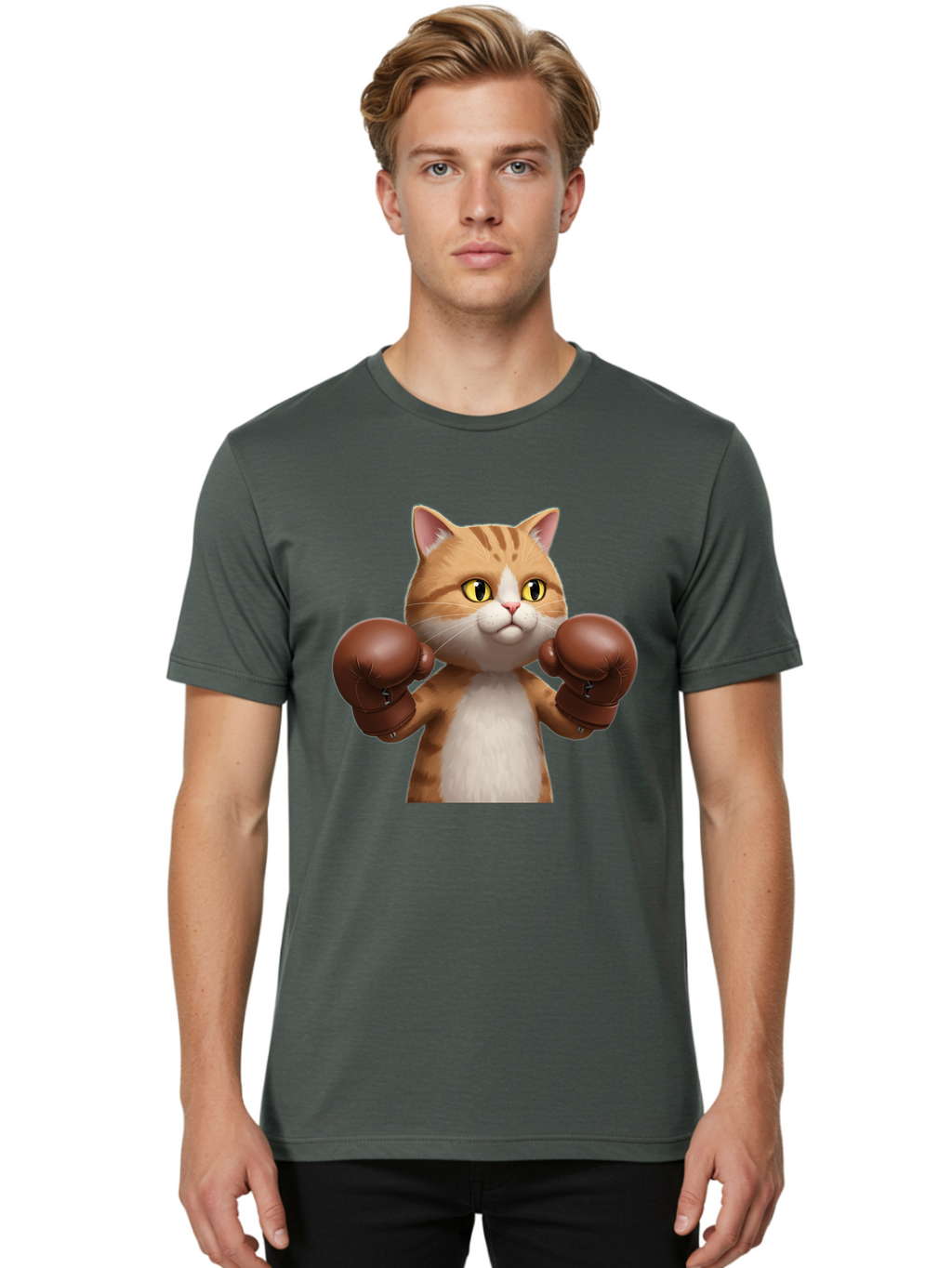 Boxing-Cat Men'S Graphic Tee, 100% Cotton, Comfortable Casual Summer Wear, Machine Washable, Cartoon Cat, Boxing Gloves, Funny Animal, Humor, Playful Cat, Adorable Feline, Boxing Stance, Cute Cat, Comedic Character Bae364