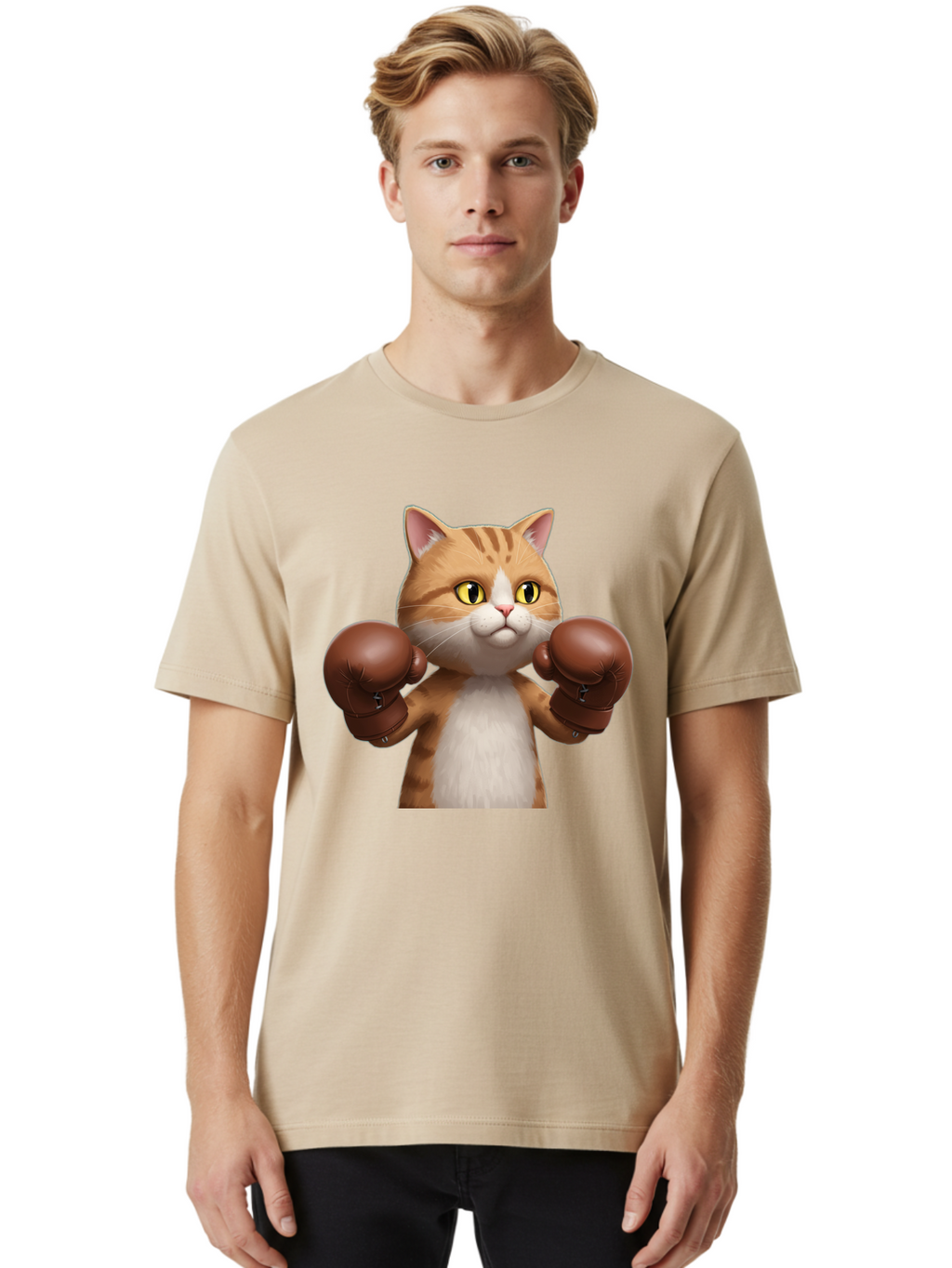 Boxing-Cat Men'S Graphic Tee, 100% Cotton, Comfortable Casual Summer Wear, Machine Washable, Cartoon Cat, Boxing Gloves, Funny Animal, Humor, Playful Cat, Adorable Feline, Boxing Stance, Cute Cat, Comedic Character Bae364