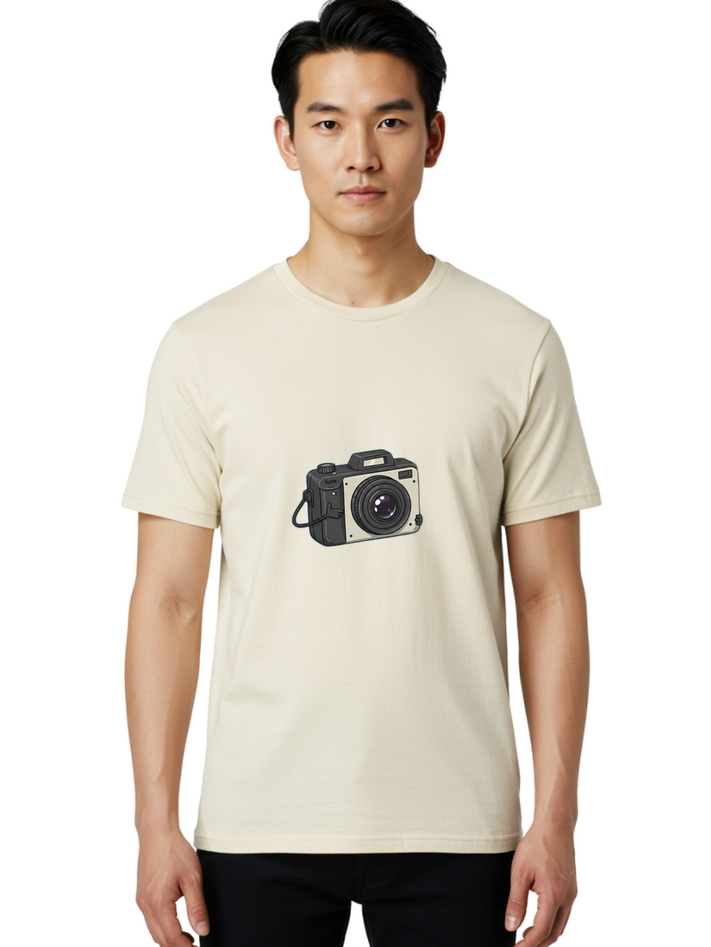 Camera-1 Men'S Graphic Tee, 100% Cotton, Comfortable Casual Summer Wear, Machine Washable, Illustrated Camera, Photography Equipment, Camera Lens, Black And Silver, Camera Strap, Digital Camera, Photography Gear, Camera Illustration Bae366