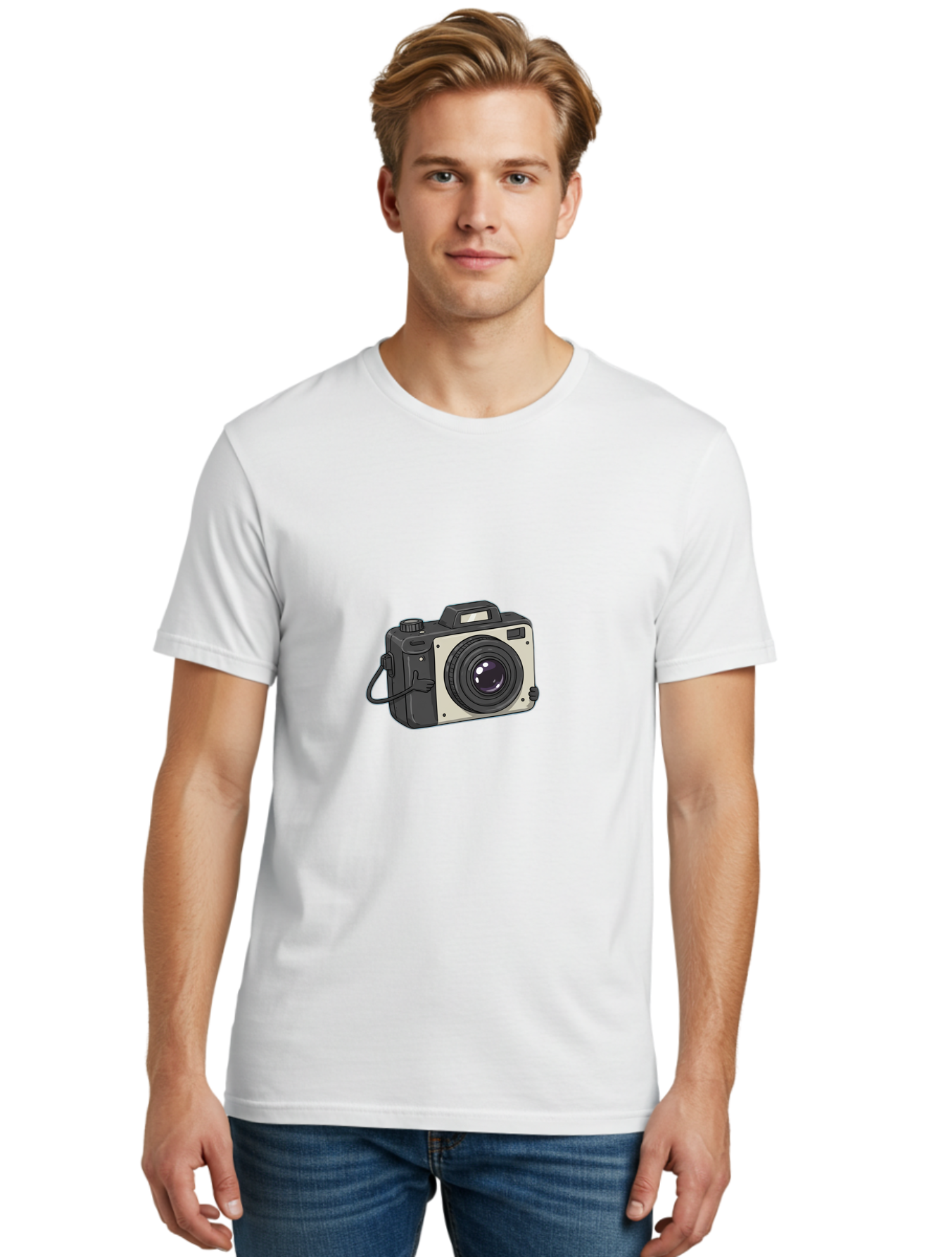 Camera-1 Men'S Graphic Tee, 100% Cotton, Comfortable Casual Summer Wear, Machine Washable, Illustrated Camera, Photography Equipment, Camera Lens, Black And Silver, Camera Strap, Digital Camera, Photography Gear, Camera Illustration Bae366
