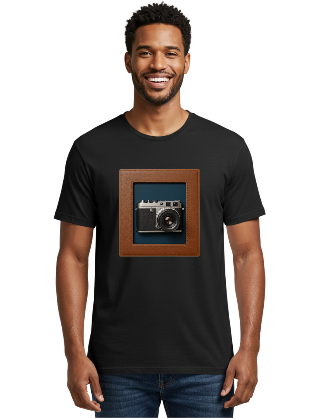 Camera-2 Men'S Graphic Tee, 100% Cotton, Comfortable Casual Summer Wear, Machine Washable, Vintage Camera, Photography Equipment, Leica Camera, Classic Design, Retro Style, Brown Leather Case, Blue Background, Silver Accents Bae367