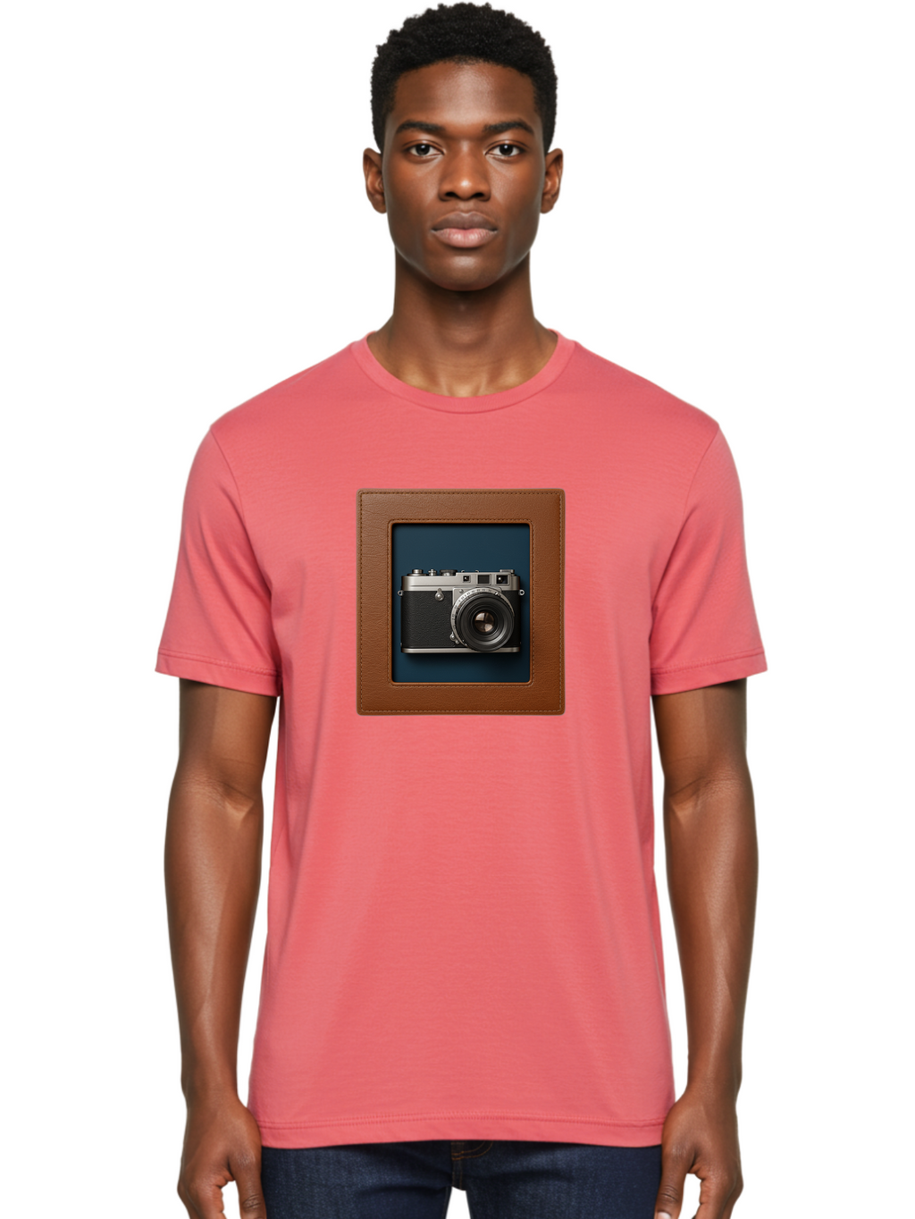 Camera-2 Men'S Graphic Tee, 100% Cotton, Comfortable Casual Summer Wear, Machine Washable, Vintage Camera, Photography Equipment, Leica Camera, Classic Design, Retro Style, Brown Leather Case, Blue Background, Silver Accents Bae367