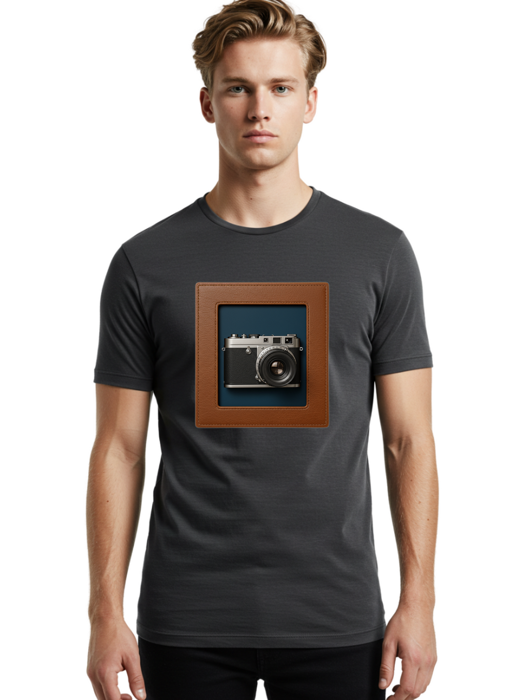 Camera-2 Men'S Graphic Tee, 100% Cotton, Comfortable Casual Summer Wear, Machine Washable, Vintage Camera, Photography Equipment, Leica Camera, Classic Design, Retro Style, Brown Leather Case, Blue Background, Silver Accents Bae367