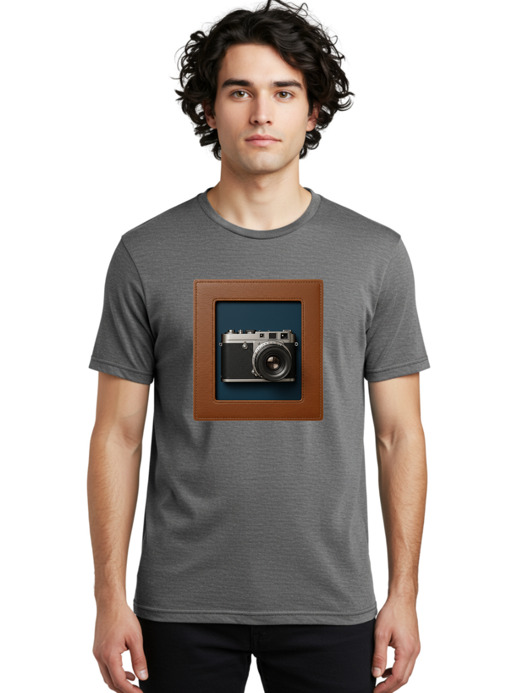 Camera-2 Men'S Graphic Tee, 100% Cotton, Comfortable Casual Summer Wear, Machine Washable, Vintage Camera, Photography Equipment, Leica Camera, Classic Design, Retro Style, Brown Leather Case, Blue Background, Silver Accents Bae367