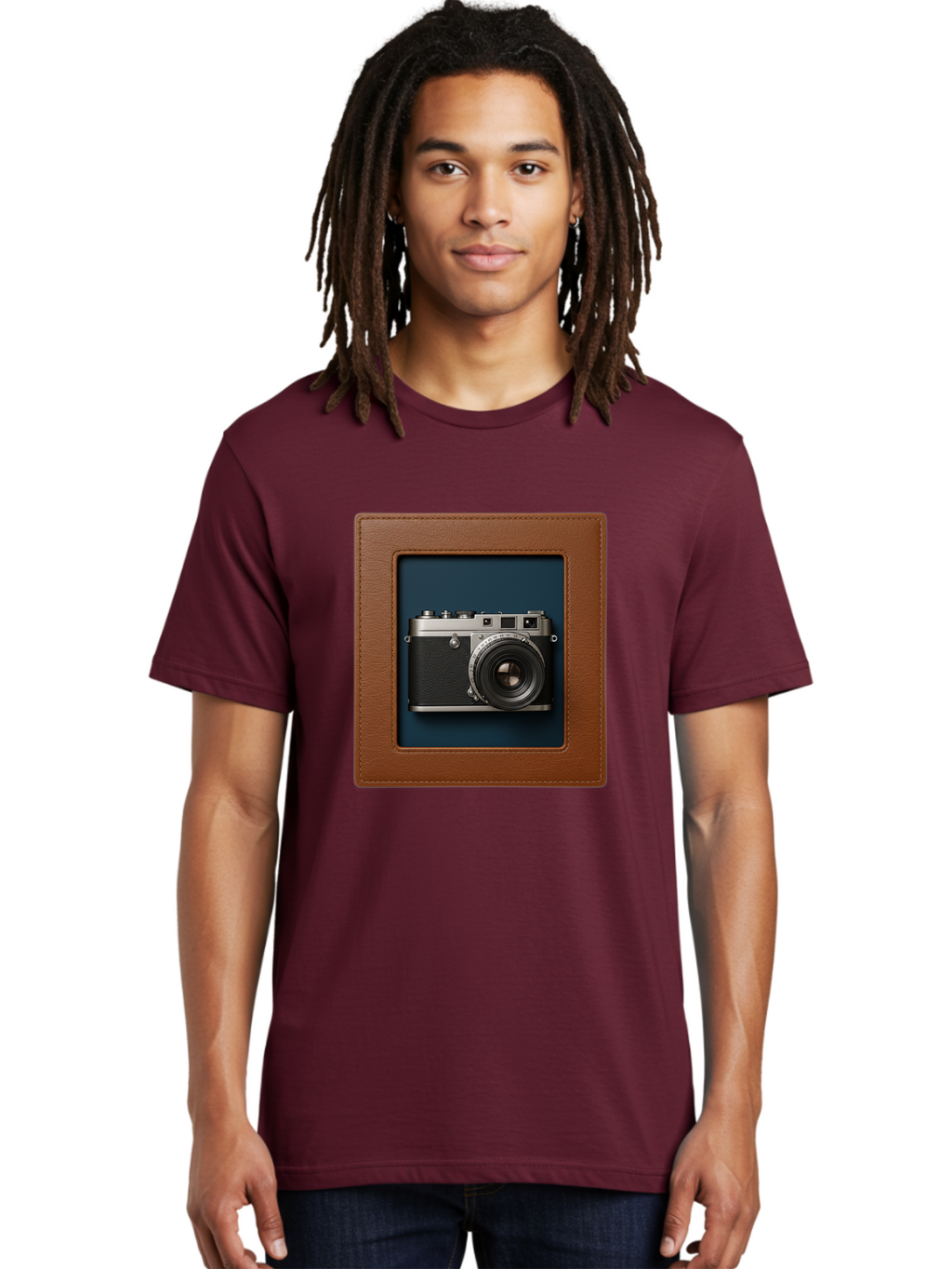 Camera-2 Men'S Graphic Tee, 100% Cotton, Comfortable Casual Summer Wear, Machine Washable, Vintage Camera, Photography Equipment, Leica Camera, Classic Design, Retro Style, Brown Leather Case, Blue Background, Silver Accents Bae367