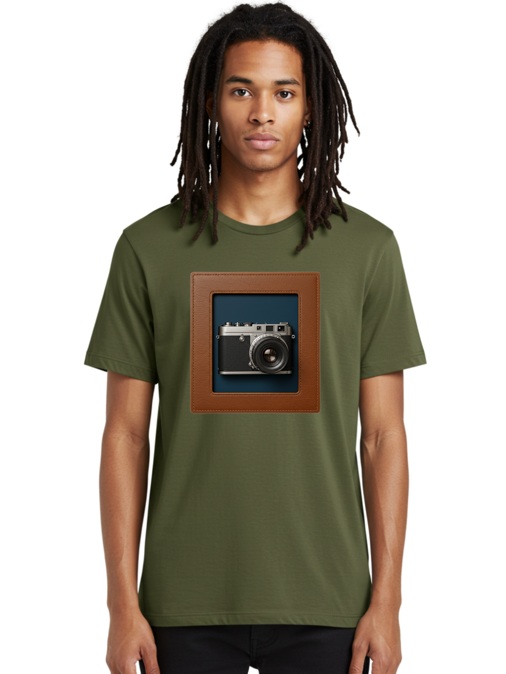 Camera-2 Men'S Graphic Tee, 100% Cotton, Comfortable Casual Summer Wear, Machine Washable, Vintage Camera, Photography Equipment, Leica Camera, Classic Design, Retro Style, Brown Leather Case, Blue Background, Silver Accents Bae367