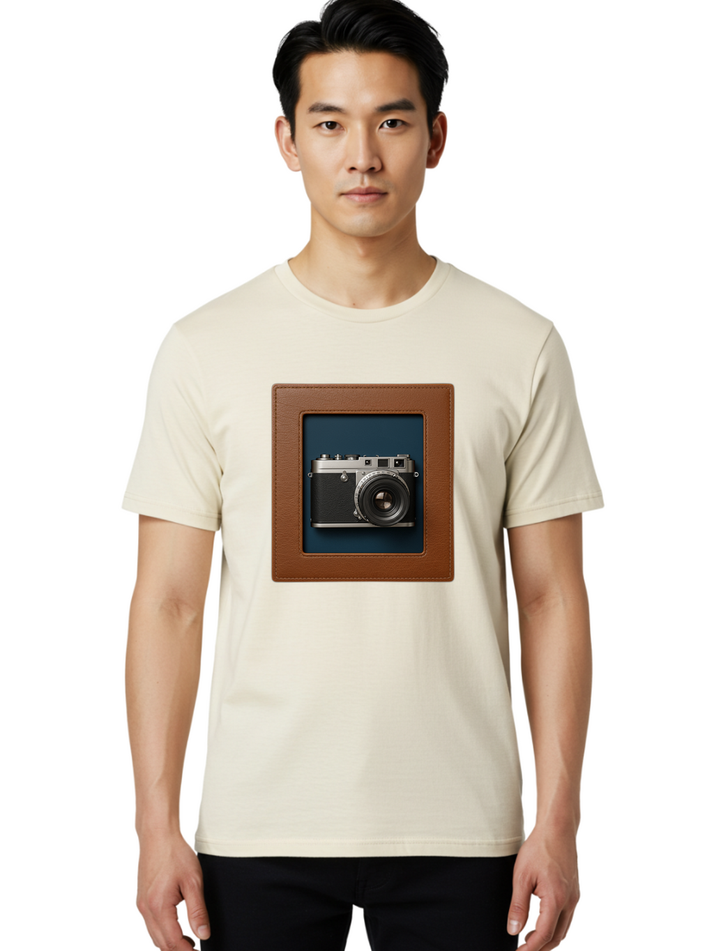 Camera-2 Men'S Graphic Tee, 100% Cotton, Comfortable Casual Summer Wear, Machine Washable, Vintage Camera, Photography Equipment, Leica Camera, Classic Design, Retro Style, Brown Leather Case, Blue Background, Silver Accents Bae367