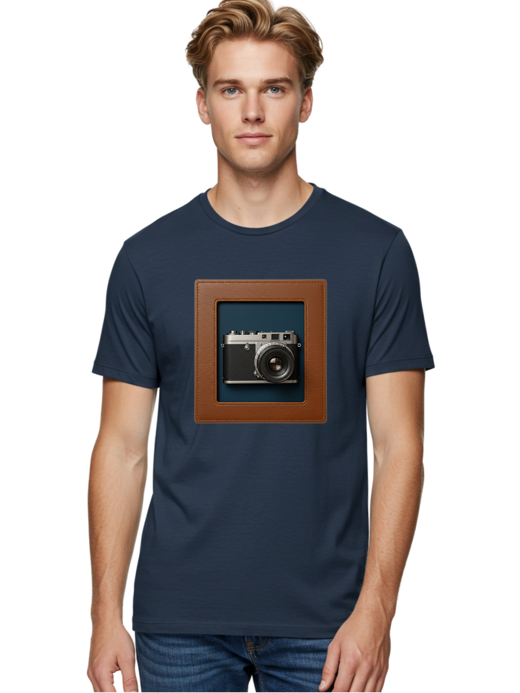 Camera-2 Men'S Graphic Tee, 100% Cotton, Comfortable Casual Summer Wear, Machine Washable, Vintage Camera, Photography Equipment, Leica Camera, Classic Design, Retro Style, Brown Leather Case, Blue Background, Silver Accents Bae367