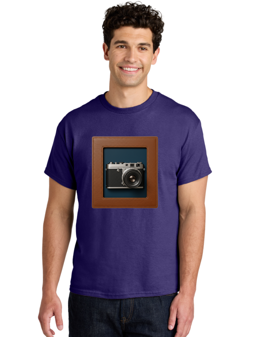 Camera-2 Men'S Graphic Tee, 100% Cotton, Comfortable Casual Summer Wear, Machine Washable, Vintage Camera, Photography Equipment, Leica Camera, Classic Design, Retro Style, Brown Leather Case, Blue Background, Silver Accents Bae367