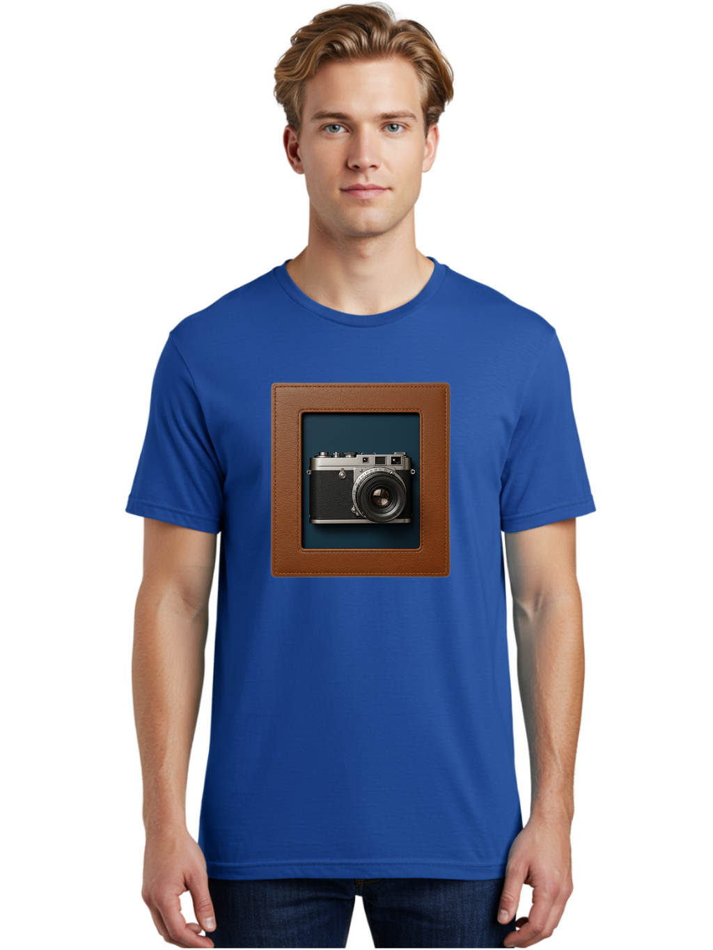 Camera-2 Men'S Graphic Tee, 100% Cotton, Comfortable Casual Summer Wear, Machine Washable, Vintage Camera, Photography Equipment, Leica Camera, Classic Design, Retro Style, Brown Leather Case, Blue Background, Silver Accents Bae367