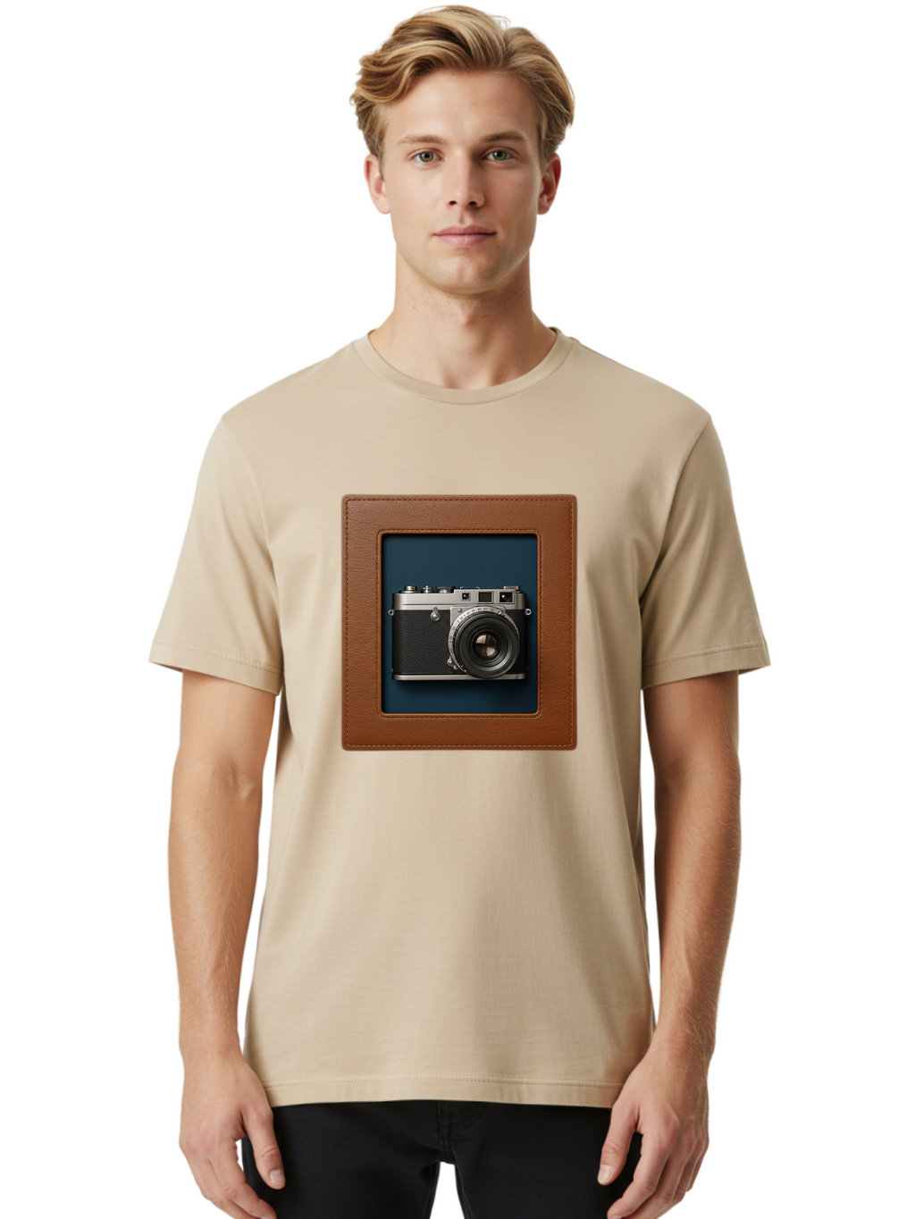 Camera-2 Men'S Graphic Tee, 100% Cotton, Comfortable Casual Summer Wear, Machine Washable, Vintage Camera, Photography Equipment, Leica Camera, Classic Design, Retro Style, Brown Leather Case, Blue Background, Silver Accents Bae367