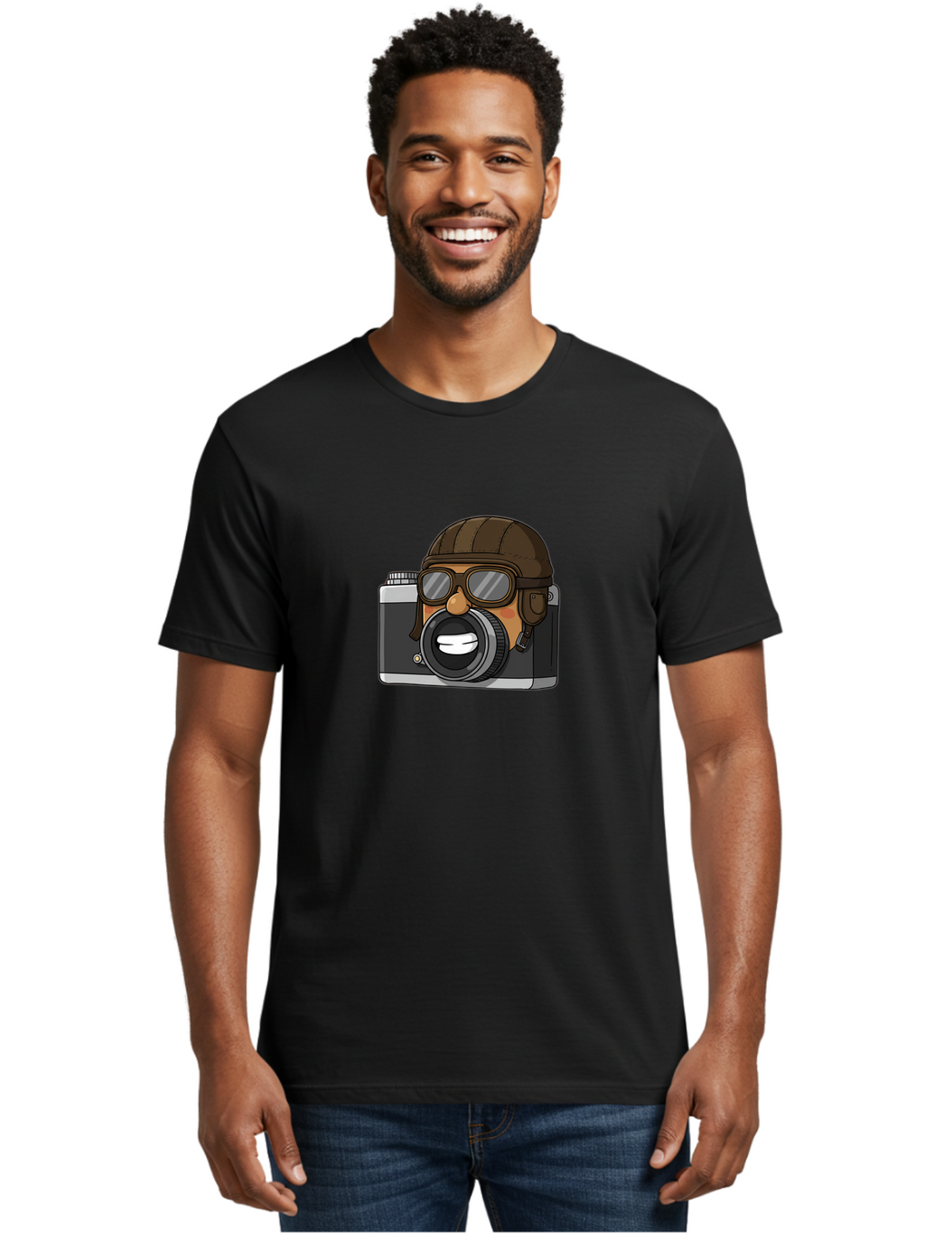 Camera-Avatar Men'S Graphic Tee, 100% Cotton, Comfortable Casual Summer Wear, Machine Washable, Cartoon Camera, Pilot Character, Aviation Style, Goggles And Helmet, Photography Illustration, Digital Art, Creative Design, Camera Character, Bae369
