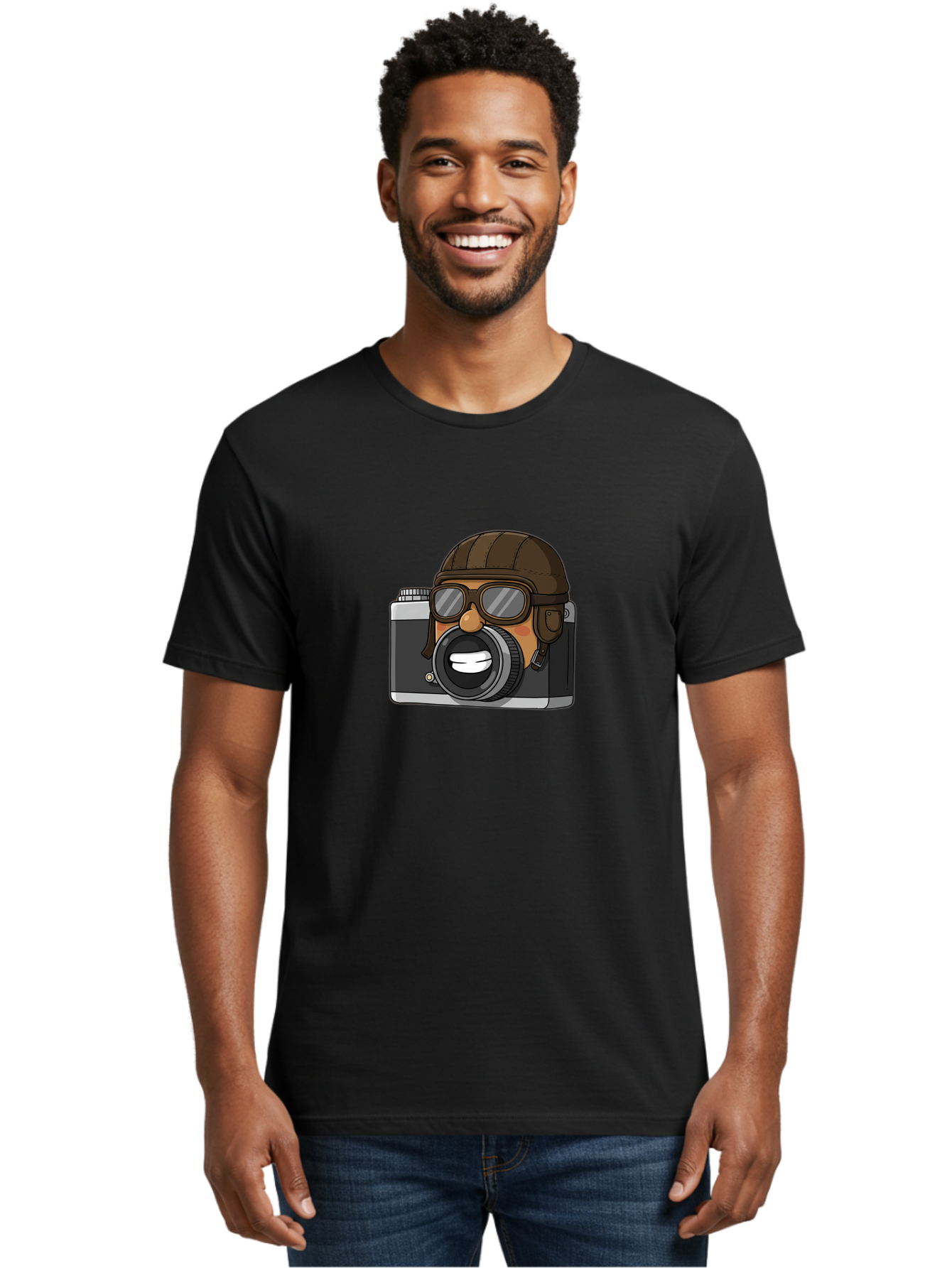 Camera-Avatar Men'S Graphic Tee, 100% Cotton, Comfortable Casual Summer Wear, Machine Washable, Cartoon Camera, Pilot Character, Aviation Style, Goggles And Helmet, Photography Illustration, Digital Art, Creative Design, Camera Character, Bae369