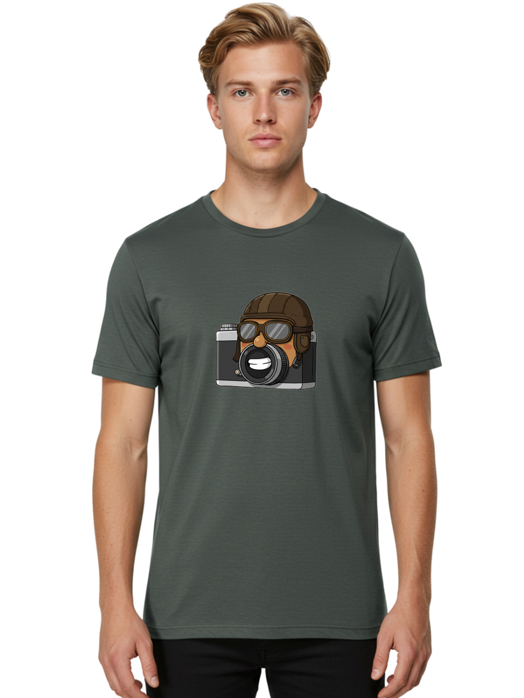 Camera-Avatar Men'S Graphic Tee, 100% Cotton, Comfortable Casual Summer Wear, Machine Washable, Cartoon Camera, Pilot Character, Aviation Style, Goggles And Helmet, Photography Illustration, Digital Art, Creative Design, Camera Character, Bae369