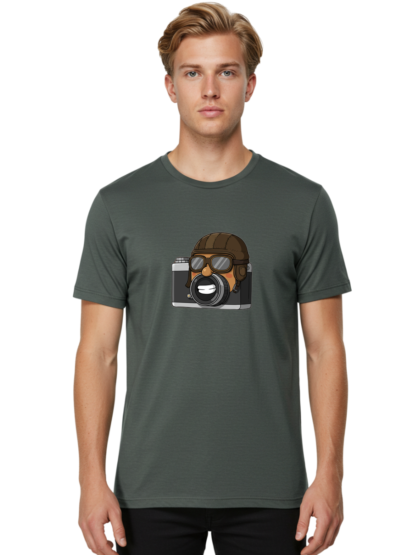 Camera-Avatar Men'S Graphic Tee, 100% Cotton, Comfortable Casual Summer Wear, Machine Washable, Cartoon Camera, Pilot Character, Aviation Style, Goggles And Helmet, Photography Illustration, Digital Art, Creative Design, Camera Character, Bae369