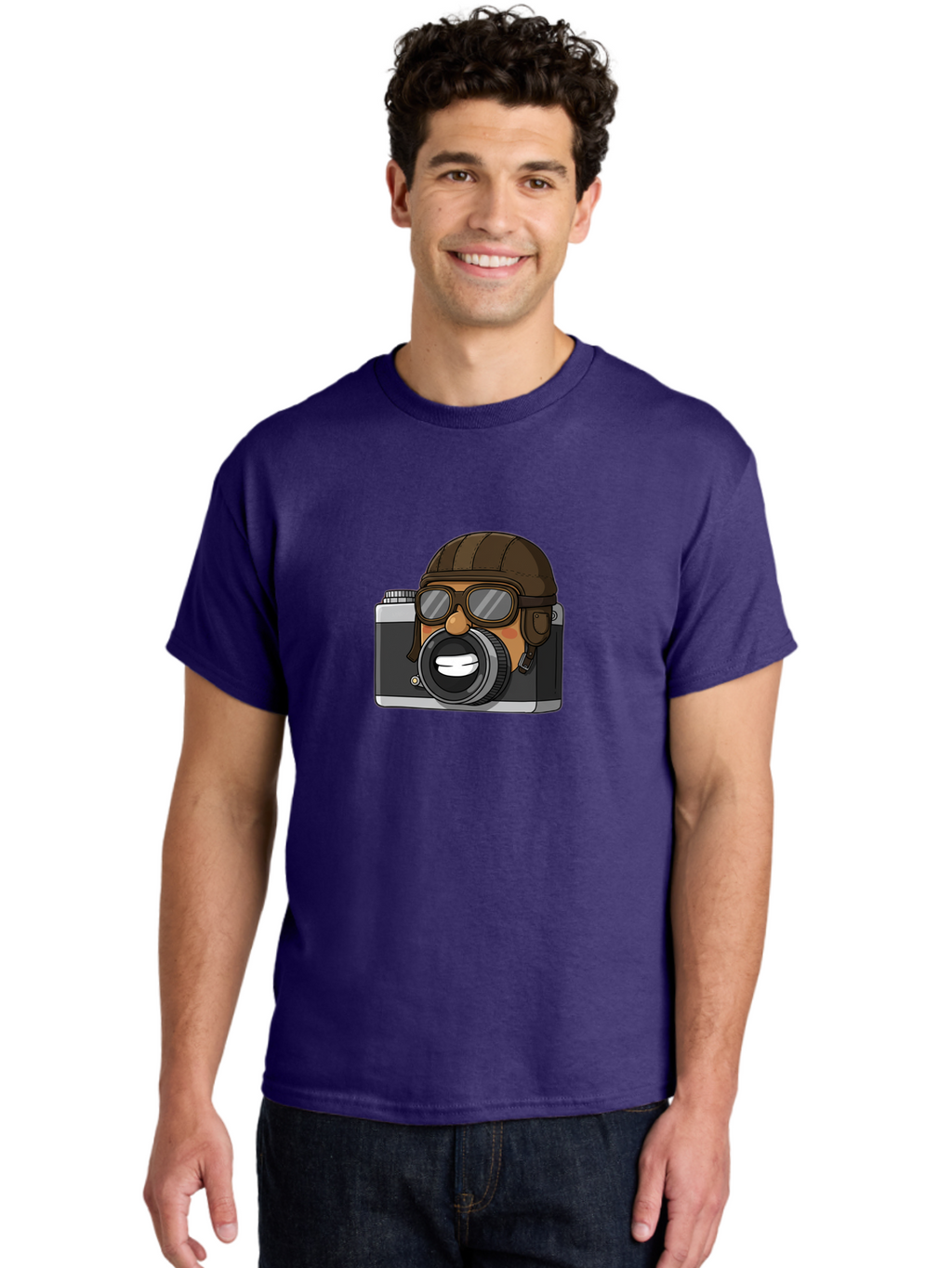 Camera-Avatar Men'S Graphic Tee, 100% Cotton, Comfortable Casual Summer Wear, Machine Washable, Cartoon Camera, Pilot Character, Aviation Style, Goggles And Helmet, Photography Illustration, Digital Art, Creative Design, Camera Character, Bae369